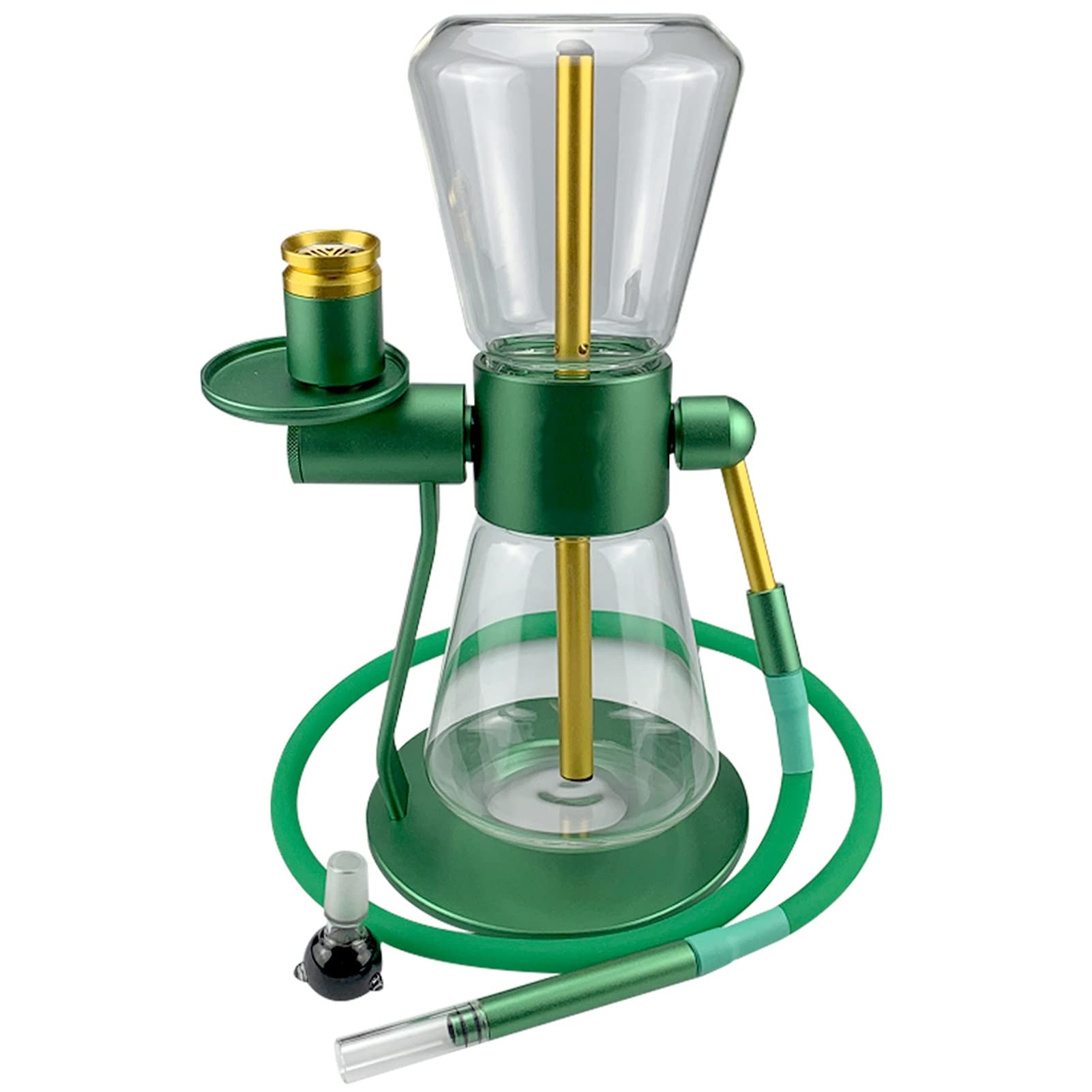 360° Rotating Transparent Glass Hookah Set with Heat Management System - Portable Gravity Shisha Kit Includes Hookah Hose (Green Gold) - Perfect for Home Parties, Lounges & Outdoor Gatherings
