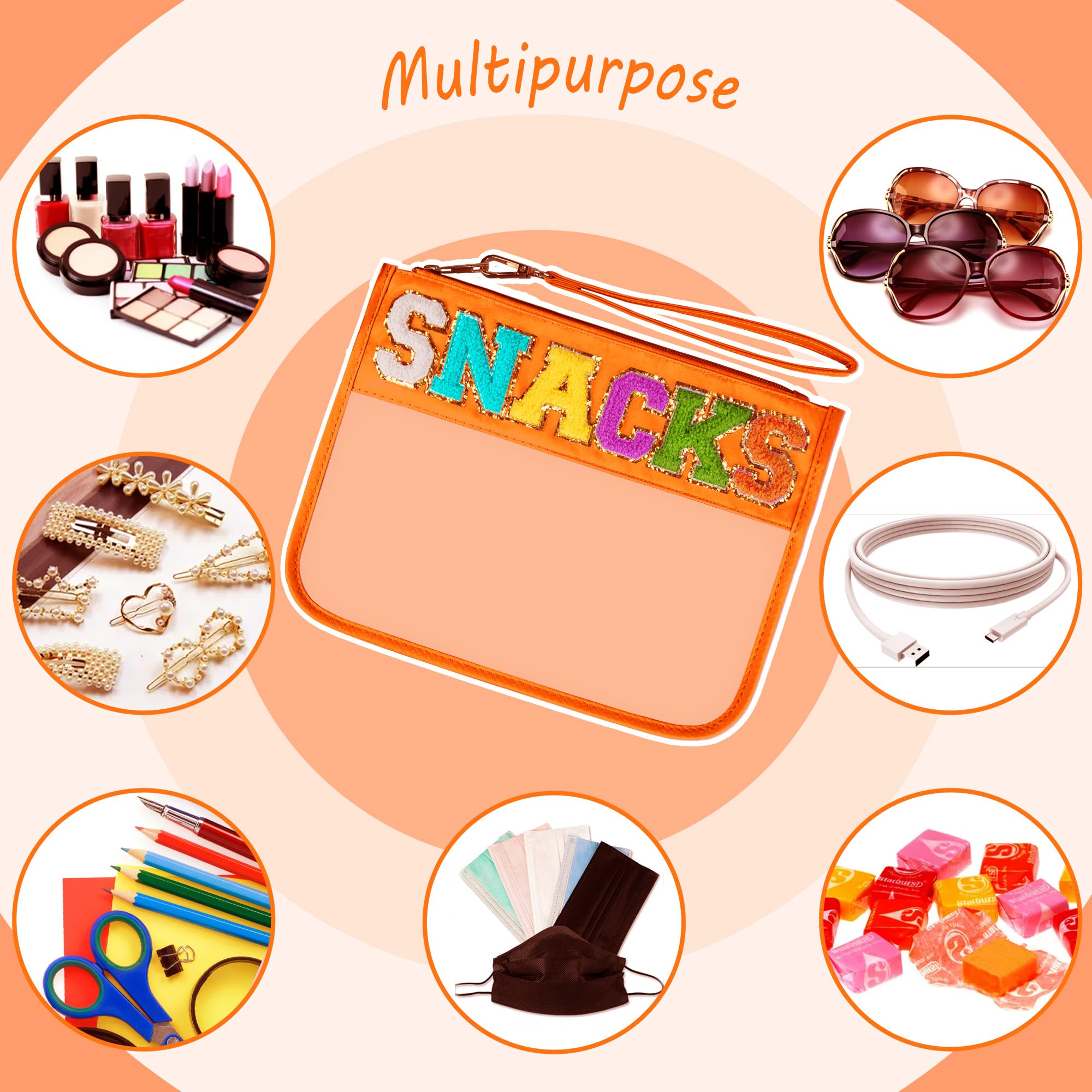 Cute Orange Chenille Letter Clear Bag - Waterproof Transparent PVC Cosmetic & Snacks Pouch with Zipper | Portable Travel Makeup Organizer for Women | Perfect for Gym, Beach, School & Airplane Travel