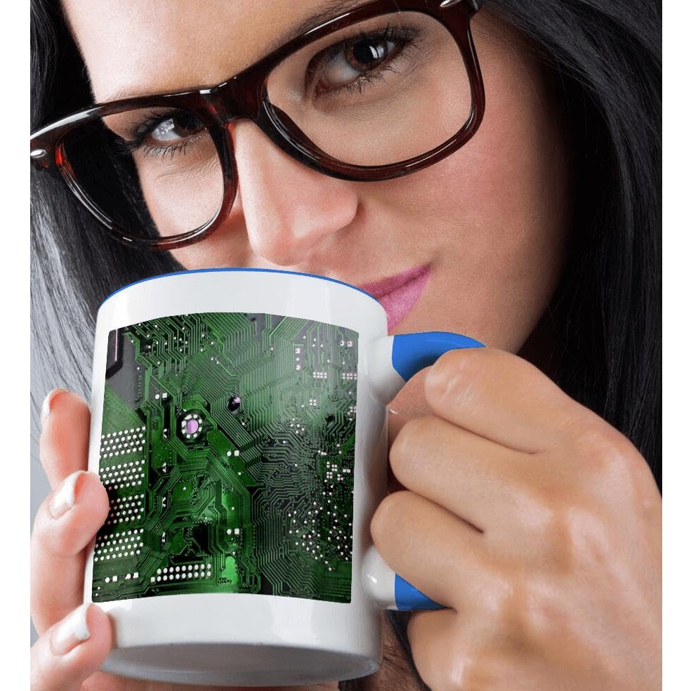 3D Rose Blue and White 11 oz Two-Tone Coffee Mug - Green Computer Chip Macro Photography Microchip Motherboard Electronics Circuits Design - Perfect for Tech Enthusiasts, Office Use, and Gift Giving