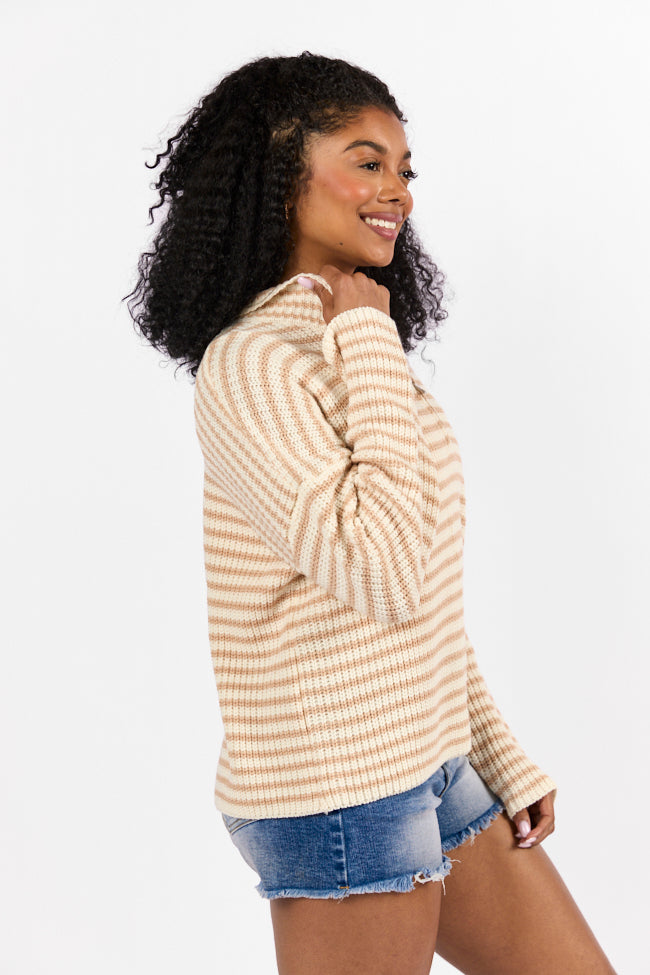 Bayside Breeze Ivory and Tan Striped Quarter Zip Pullover Sweater for Men | Casual Knit Cardigan for Fall & Winter | Perfect for Outdoor Activities, Office Wear & Weekend Relaxation