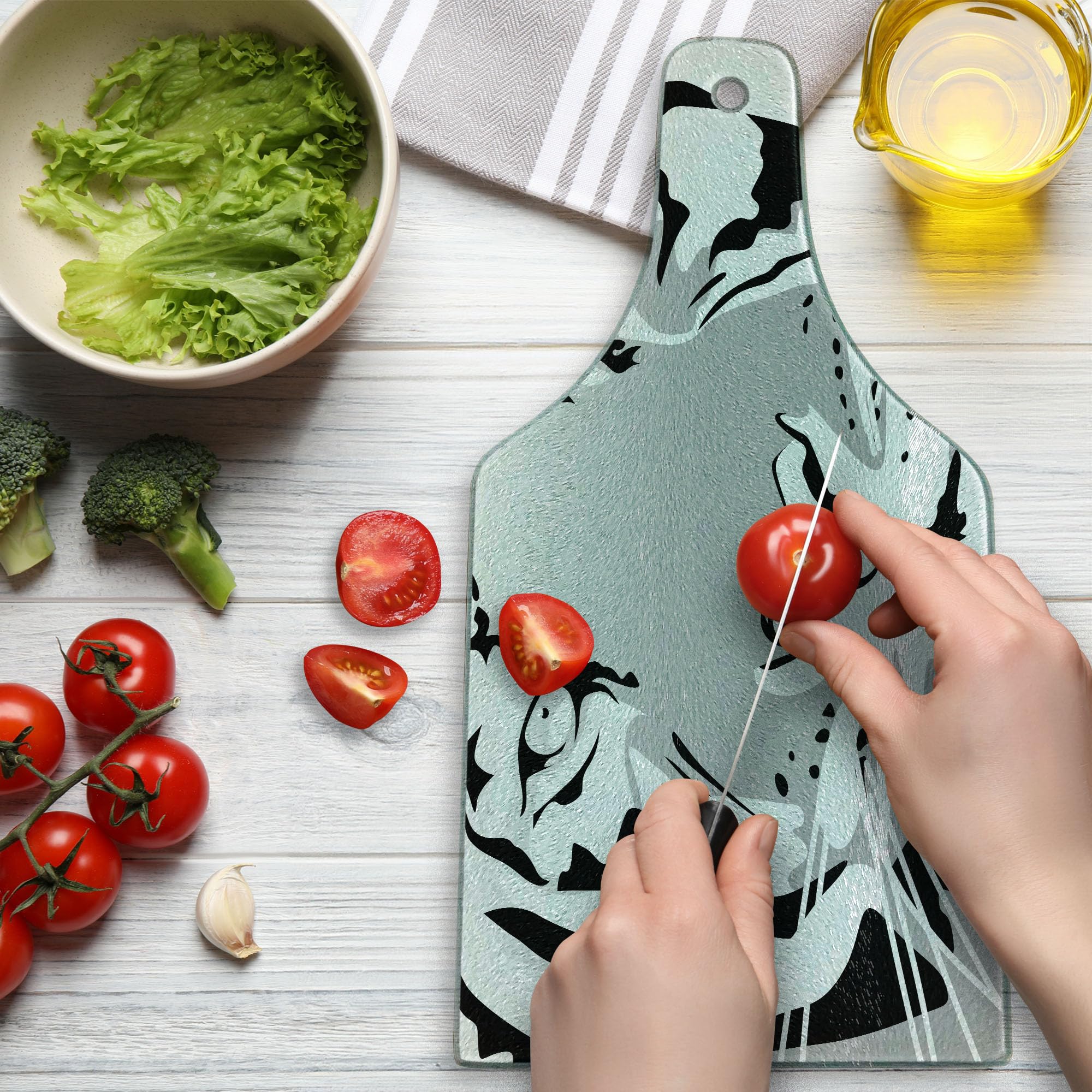 Lunarable Tiger Portrait Tempered Glass Cutting Board - Savannah Wildlife Big Cat Art, Decorative Serving Board for Kitchen & Bar, Wine Bottle Shape in Black White Grey - Perfect for Entertaining, Cheese Platters & Wine Pairings