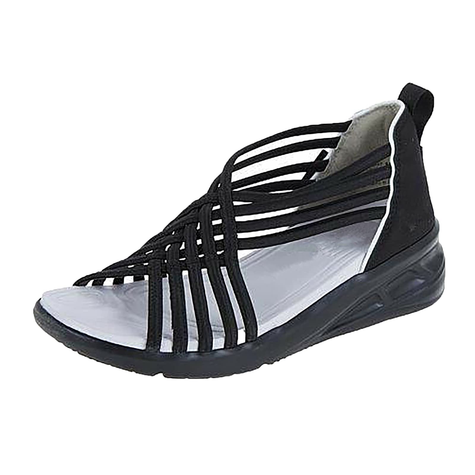 Women's Black Summer Sandals - Casual Round Toe Cross Strap Elastic Slip On Shoes with Fashion Band | Comfortable Beach Walking, Vacation, Outdoor Wear