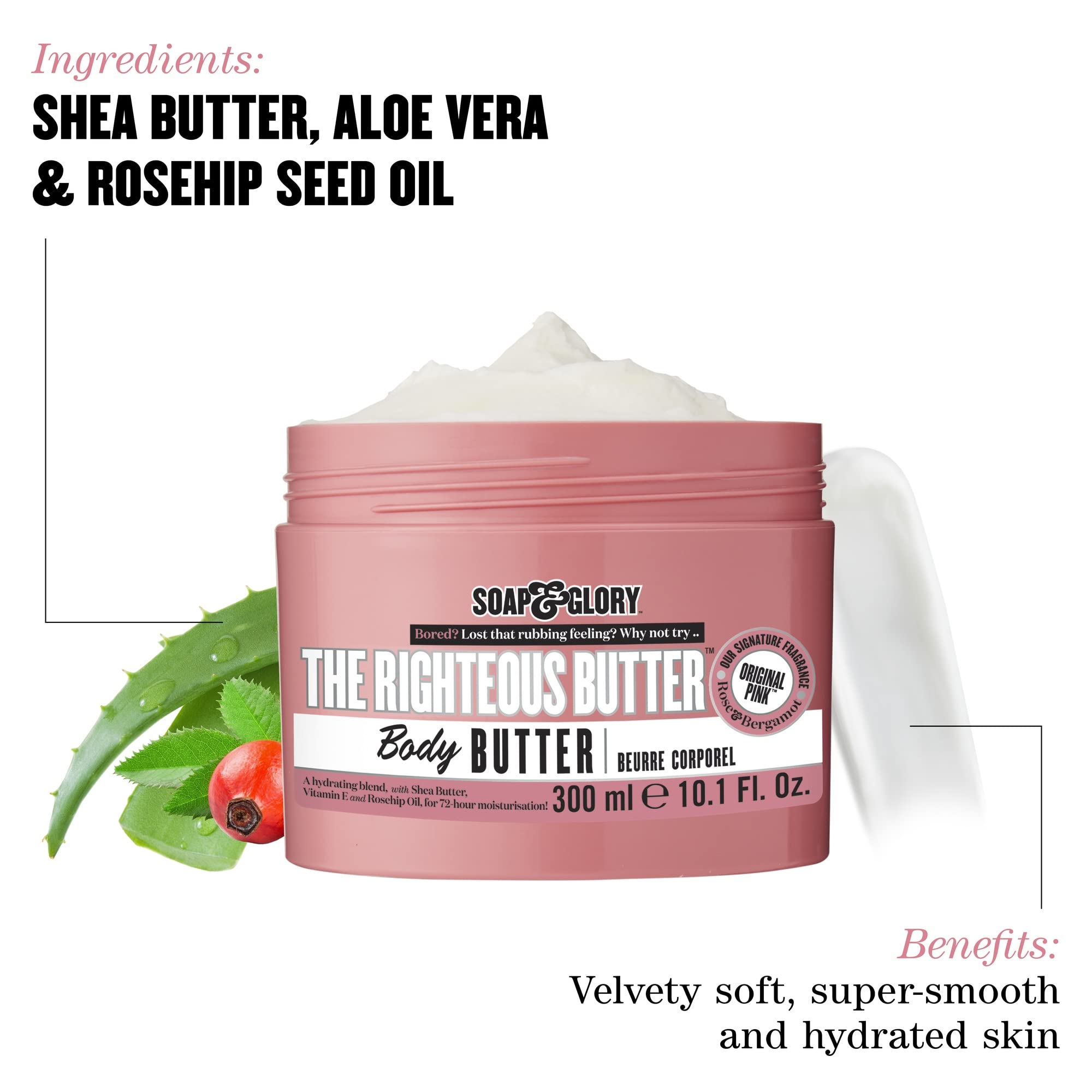 Soap & Glory The Righteous Body Butter - Hydrating Vegan Moisturizer for Dry Skin with Shea Butter, Vitamin E & Rosehip Oil | Rich Cream for Women & Men | 300ml | Perfect for Daily Hydration & Post-Shower Care