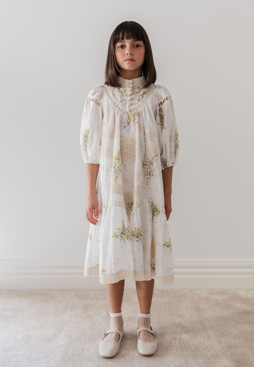 Petite Amalie Doily Applique Voile Spring Meadow Print Dress - Floral Summer Dress for Women, Boho Chic Style, Perfect for Garden Parties & Outdoor Events