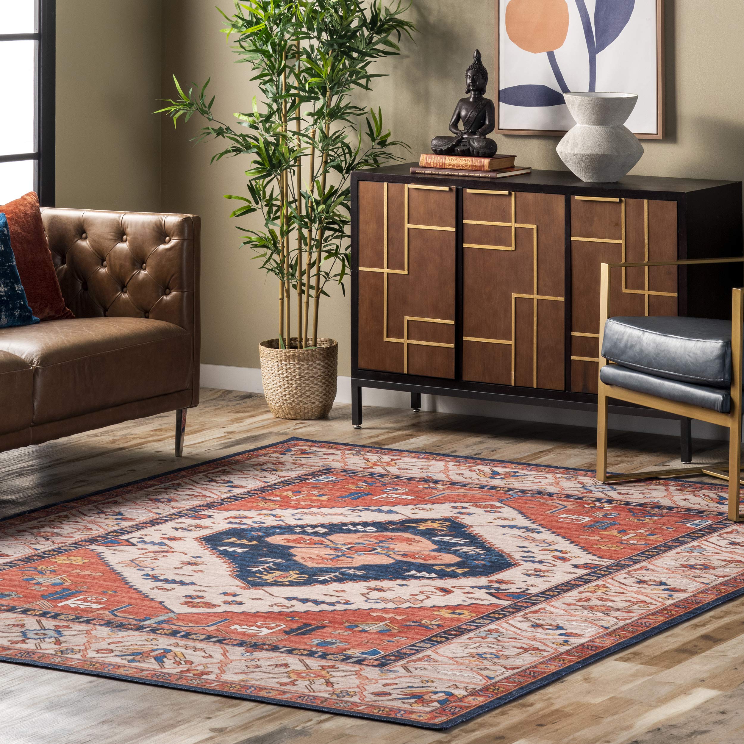 nuLOOM Carolyn Washable Tribal Design Round Area Rug 8' Rust | Boho Chic Living Room, Bedroom & Dorm Decor | Soft Machine Washable Rug for High Traffic Areas