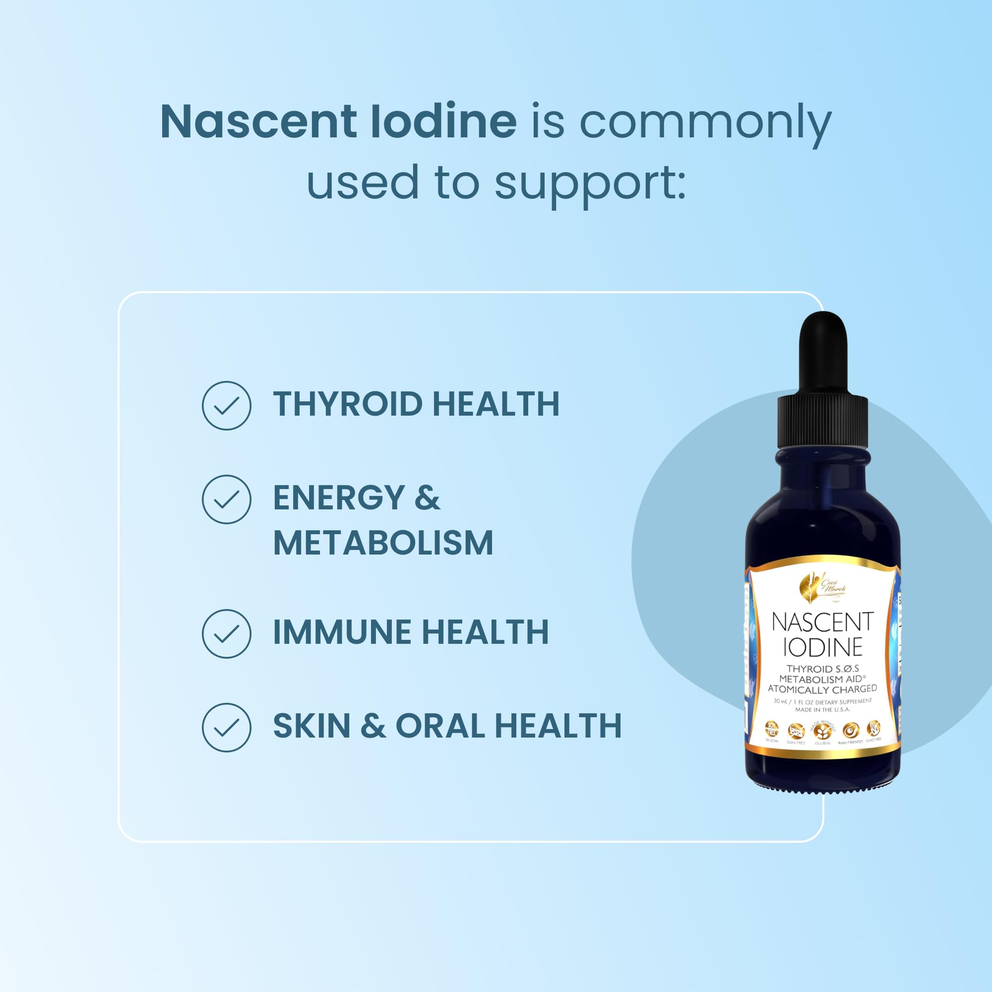 **Coco March Nascent Iodine Supplement - High Concentration 1050 mcg per Serving, Thyroid & Metabolism Support, Gluten-Free, Keto-Friendly, Non-GMO, 1 fl oz (500 Servings) - Ideal for Thyroid Health & Energy Boost**