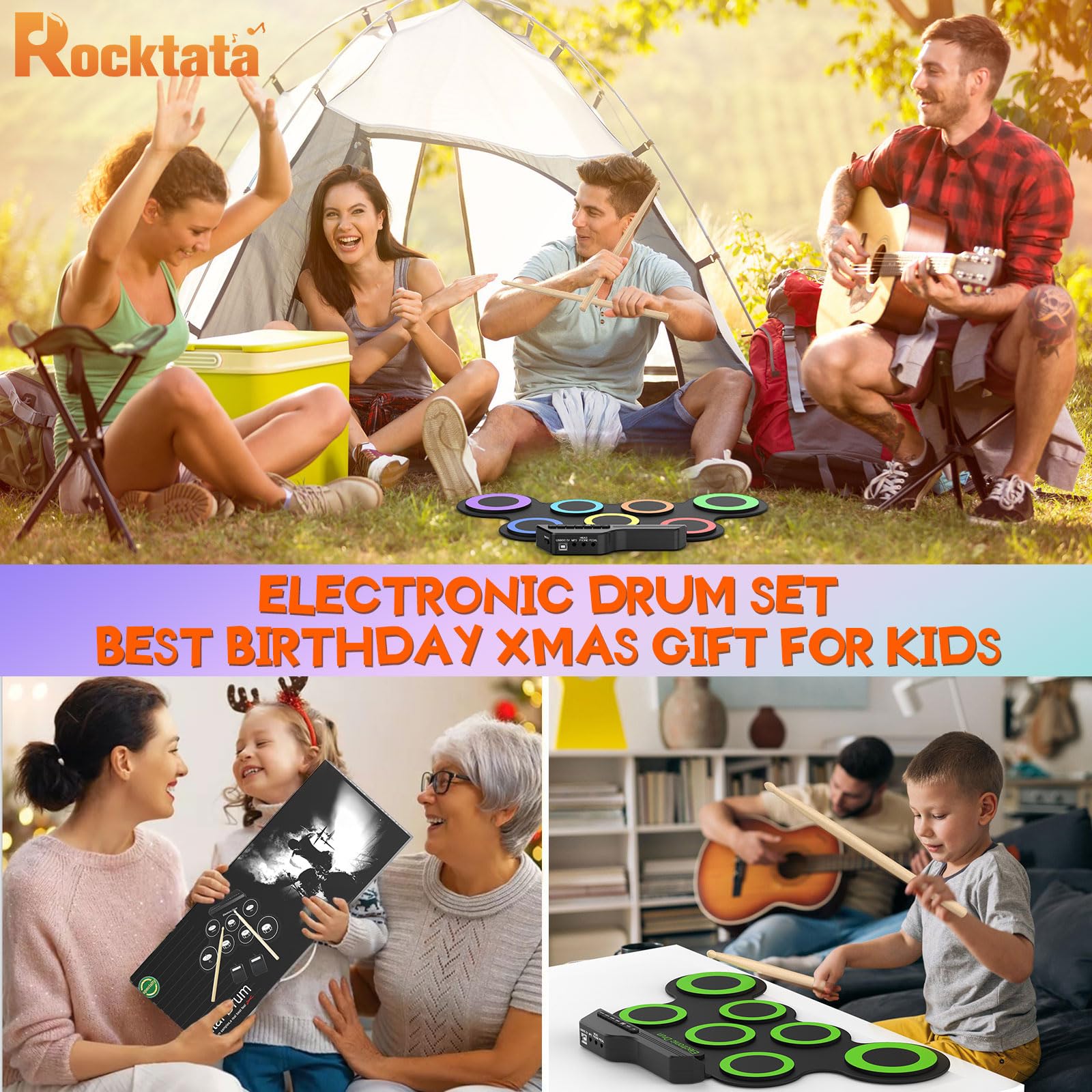 Rocktata® Electronic Drum Set - 7 Pad Roll-Up Drum Kit with Headphone Jack, Pedals & Drumsticks | Portable Practice Pads for Kids & Beginners | Perfect for Home Practice, Music Lessons & Quiet Training (No Built-in Speaker)