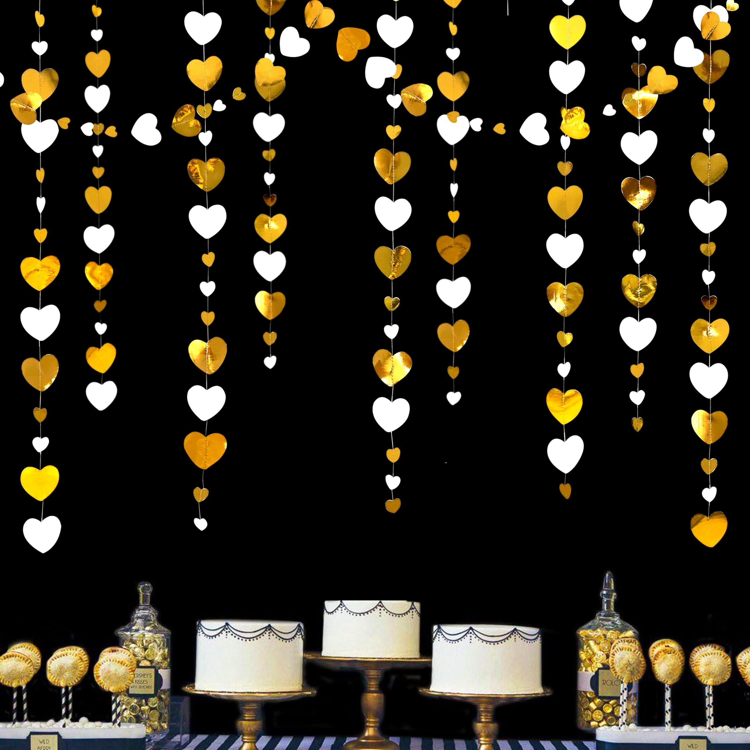White and Gold Heart Garland - Valentine's Day Party Decorations for Anniversary, Bachelorette, Mother's Day, Engagement, Wedding, Bridal Shower & Birthday | Romantic Hanging Love Streamer Banner for Home & Event Decor