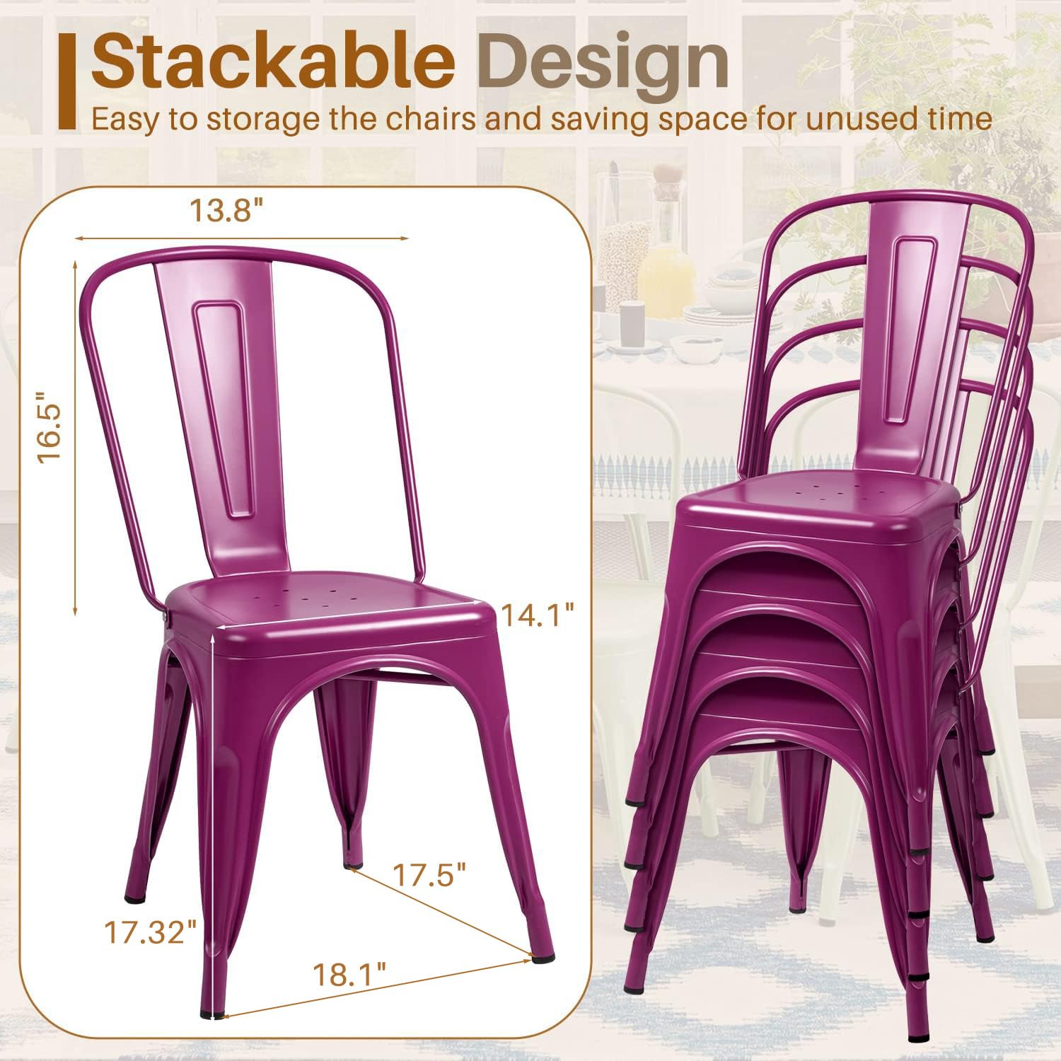 Furmax Metal Dining Chair Set of 4 - Stackable Indoor/Outdoor Bistro Chairs, Classic Trattoria Style for Cafe, Restaurant & Home - Purple | Perfect for Patio, Garden, Kitchen & Dining Room