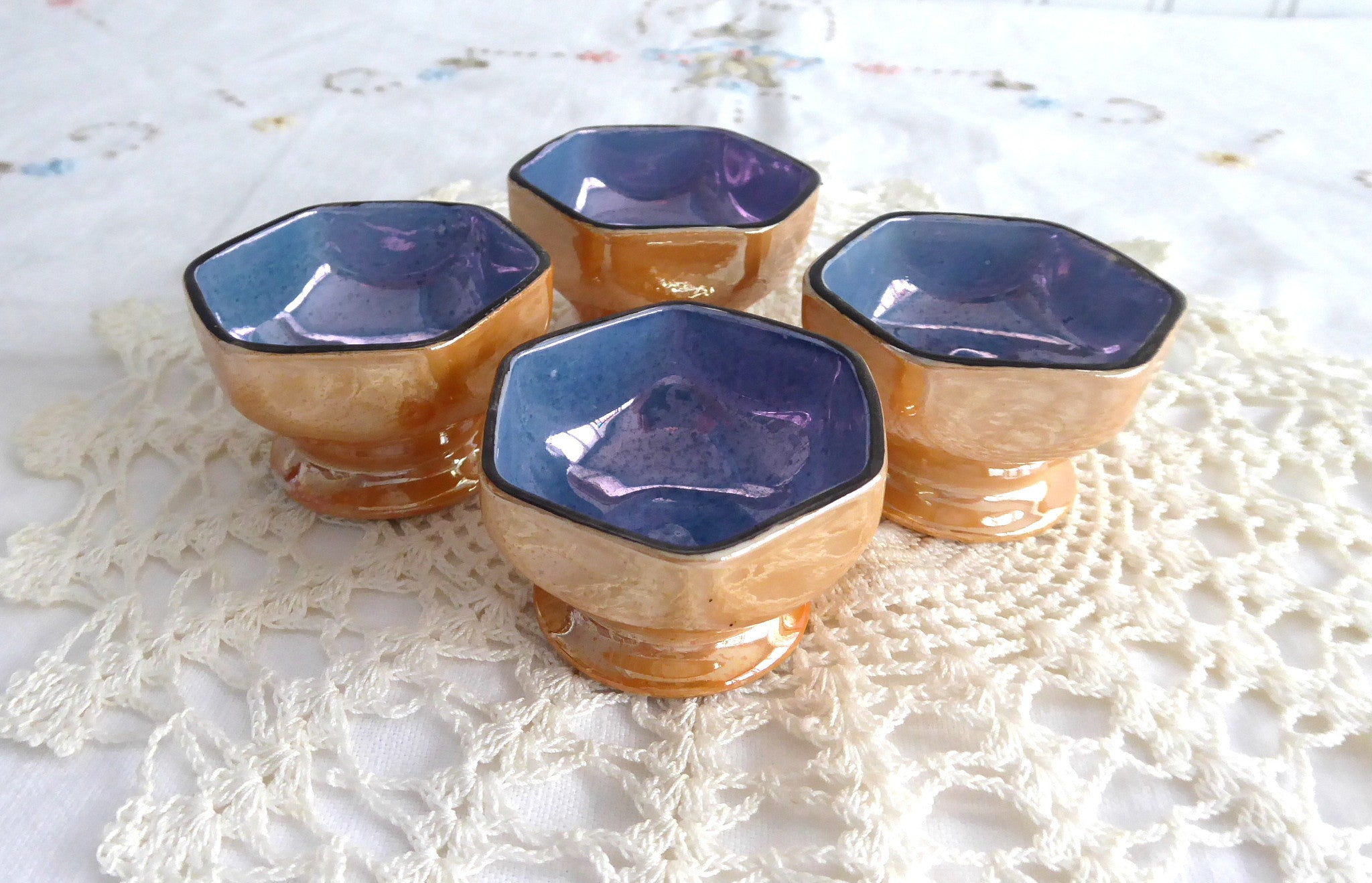 Vintage 1930s Japanese Art Deco Luster Open Salt Set of 4 - Blue & Gold Pedestal Salt Cellars for Antique Tableware Collection & Vintage Home Decor