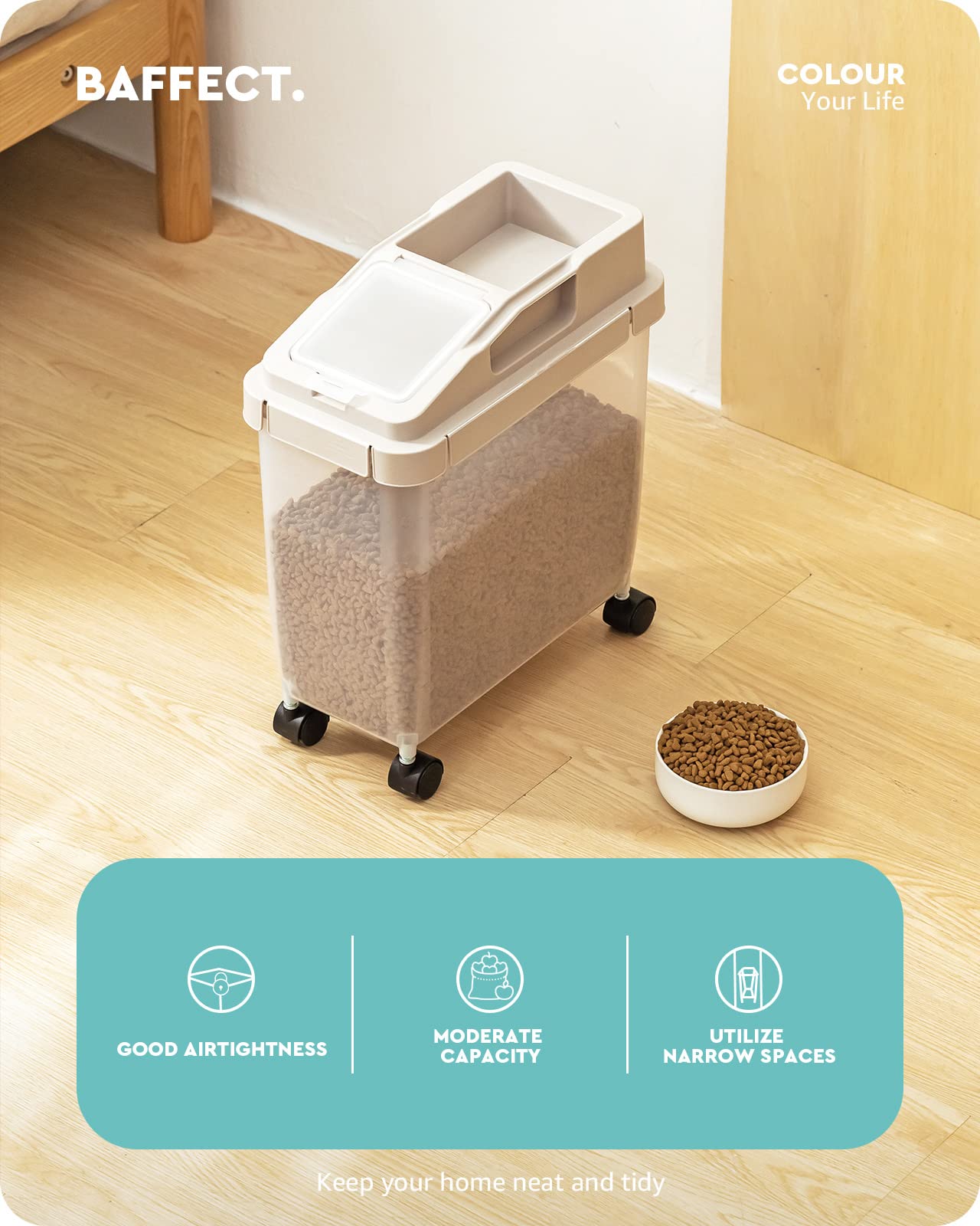 Baffect Airtight Pet Food Storage Container with Measuring Cup & Wheels - Large Dog Cat Bird Food Bin for Freshness - Perfect for Kitchen, Pantry, or Garage Storage