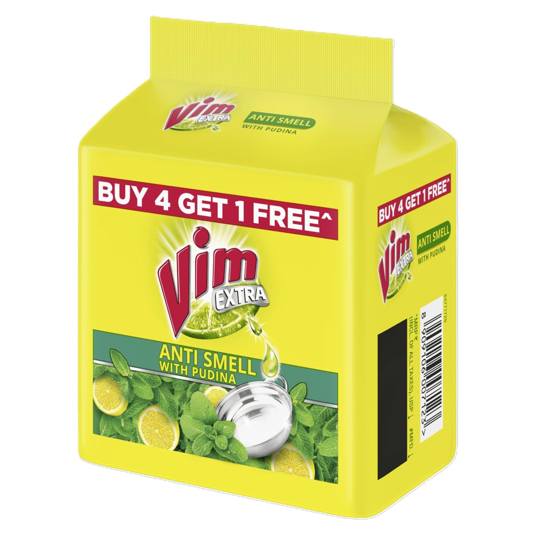 Vim Pudina Fresh Dishwashing Bar Soap - 190g (Pack of 4 + 1 Free) | Natural Mint Scent for Grease Cutting & Stain Removal | Ideal for Kitchen, Camping & Travel Use