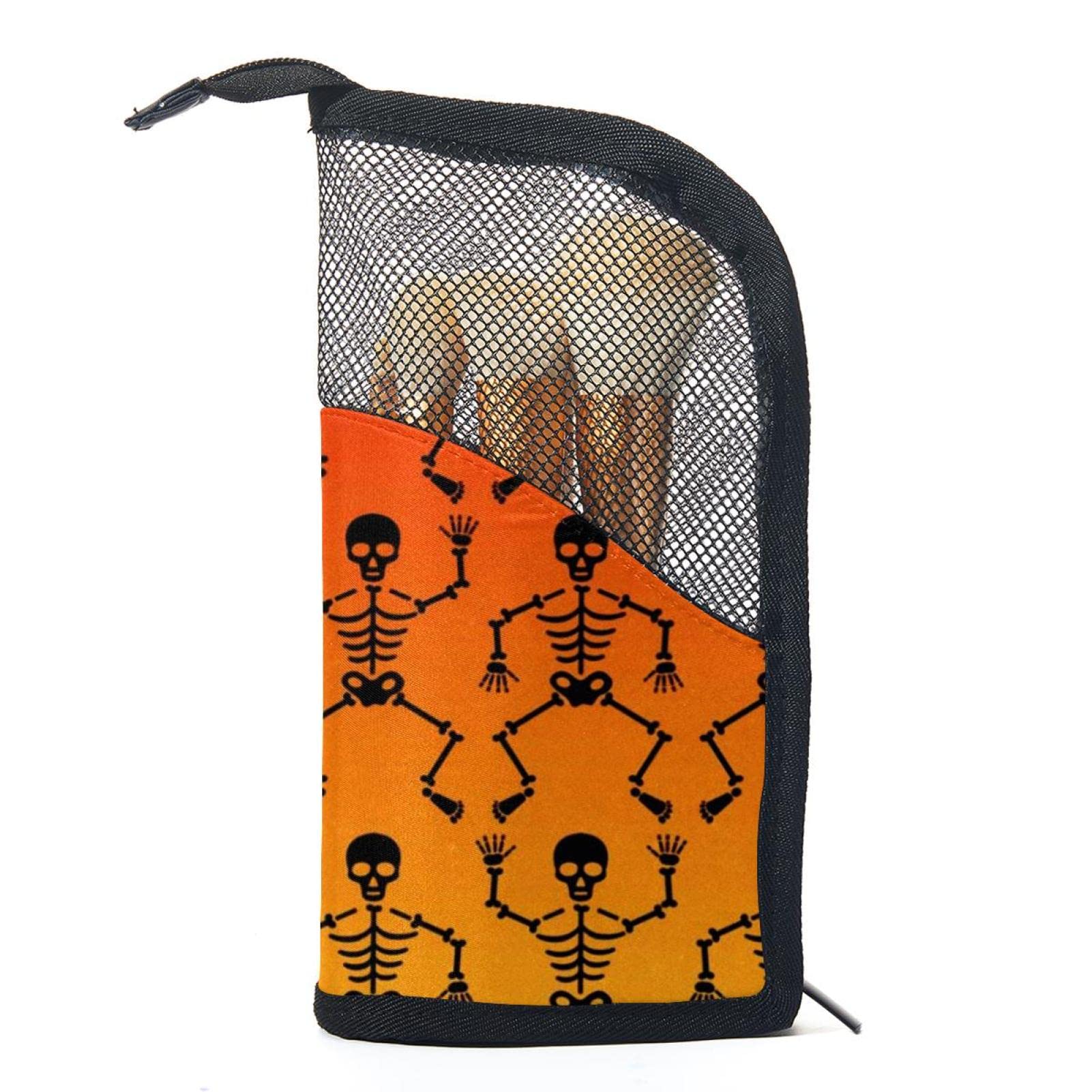 12-Piece Makeup Brush Organizer Bag with Skeleton Skull Gradient Orange Design - Portable Cosmetic Brush Holder Case for Travel, Home & Professional Makeup Artists
