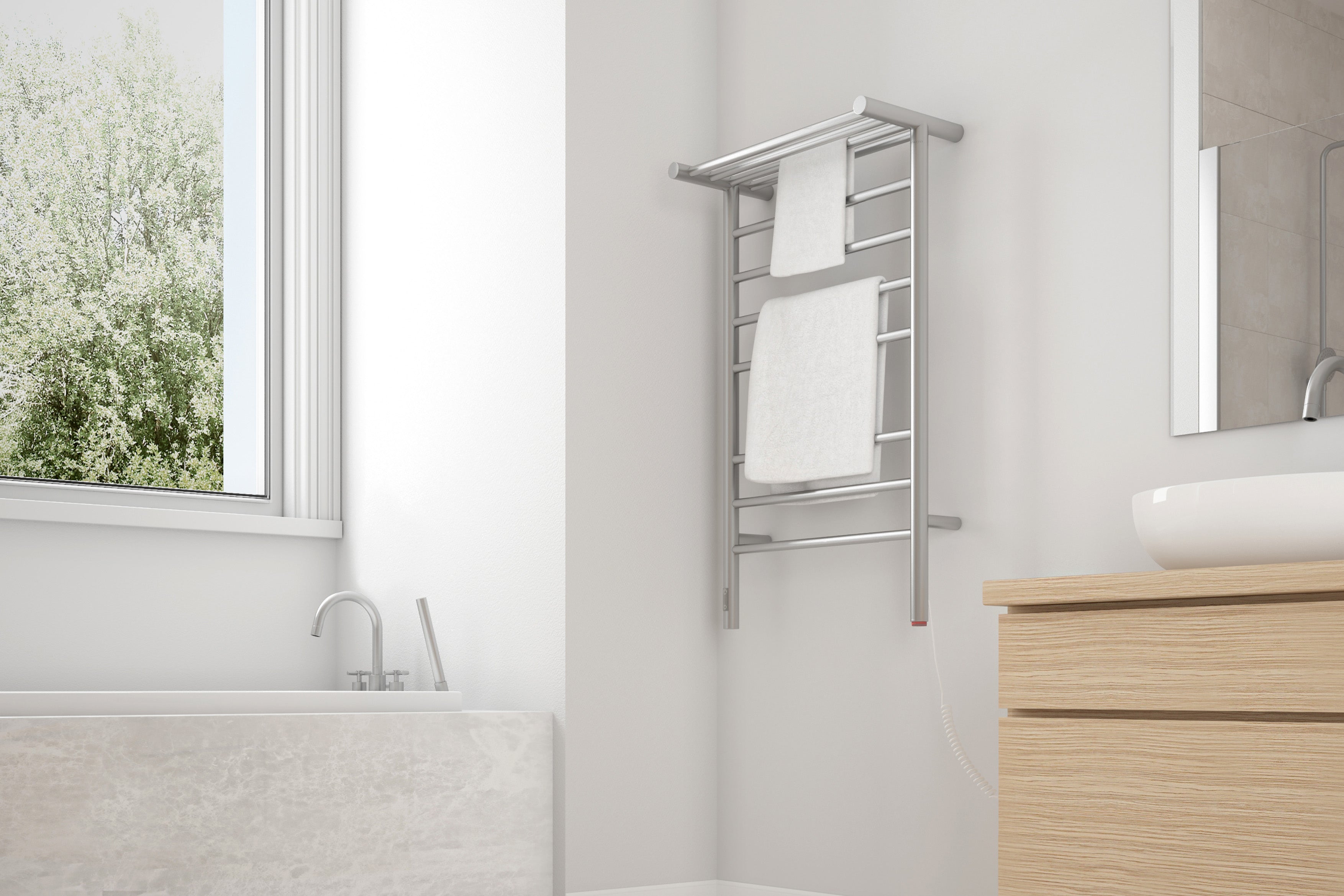 Liazzo OBT 8 Bar Electric Towel Warmer - Hardwired & Plug-in with Timer - Brushed Stainless Steel - Perfect for Bathroom, Spa & Luxury Home Heating