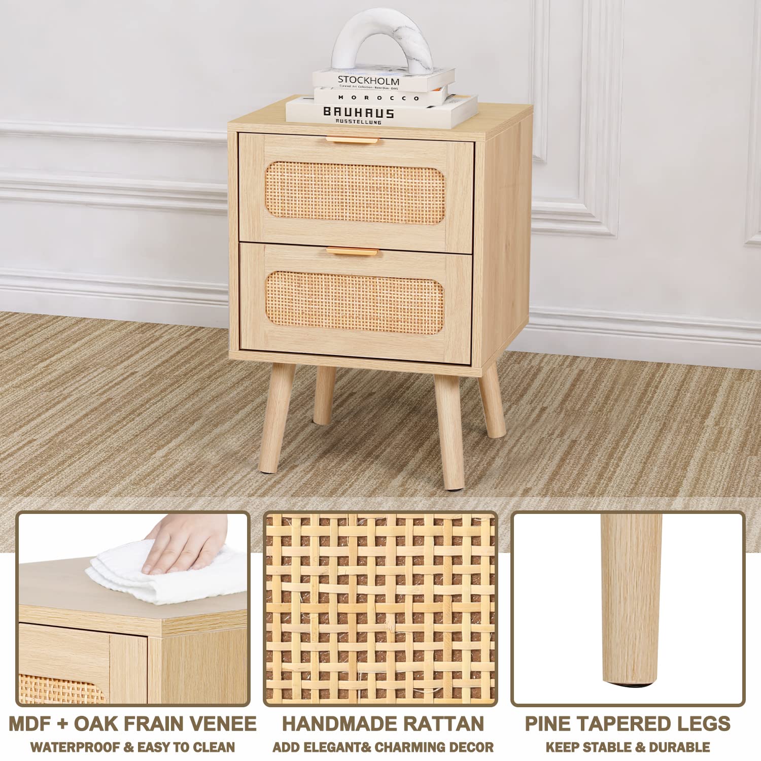Mid Century Modern Nightstands Set of 2 with Rattan Drawers - Wooden Bedside Tables with Storage for Bedroom, Living Room | Perfect as End Tables or Accent Furniture for Small Spaces