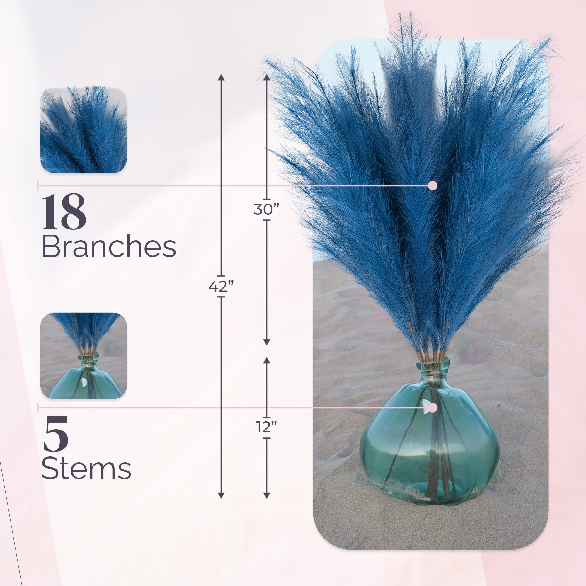 Blue Faux Pampas Grass Decor - 42 Inch Tall Artificial Boho Grass (5 Stems) - Fluffy Vase Fillers for Wedding Centerpieces, Home Decor, and Office Arrangements