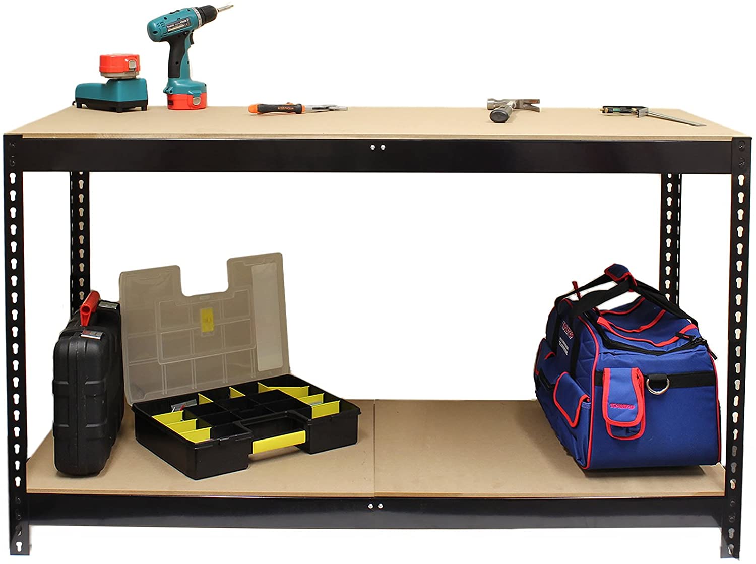 2 Tier Heavy Duty Steel Workbench - Sturdy Garage & Workshop Table with Storage Shelves | Model WB12060 | Perfect for DIY Projects, Auto Repair & Home Workshops