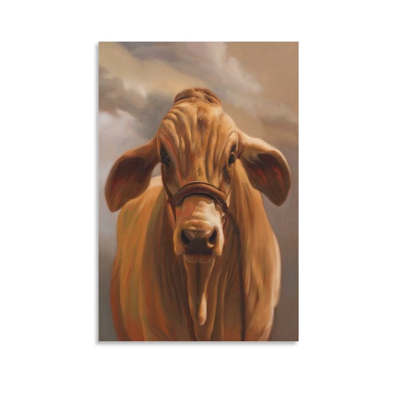 Yellow Cows on Blue Canvas Wall Art - Rustic Farm Animal Painting for Living Room, Bedroom & Bathroom Decor - Funny Cow Poster Print (20x20)
