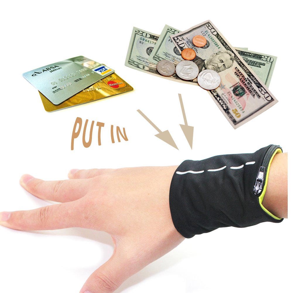 Boshiho Unisex Zippered Wristband Pouch - Runner's Wrist Wallet with Secure Pocket for Jogging, Hiking & Travel - Reversible Sports Money Holder for Cash, Cards & Keys