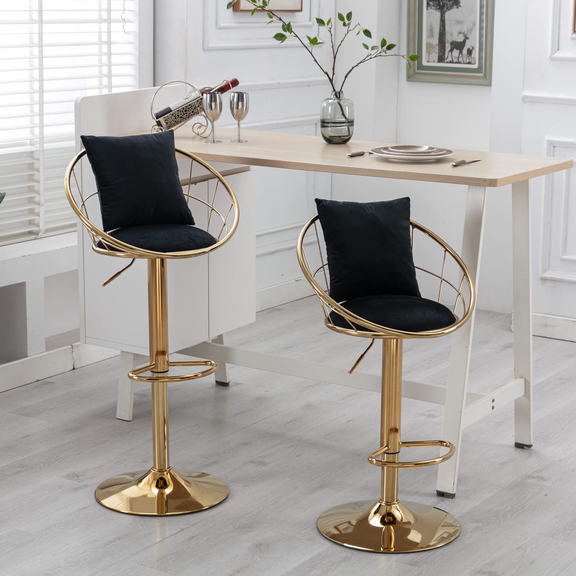 Modern Gold Bar Stools Set of 2 - 360° Swivel Adjustable Height Counter Stools with Net Back & Velvet Cushion - Upholstered Bar Chairs for Kitchen, Bistro, Pub, Dining Room - Perfect for Home Bars, Breakfast Nooks & Entertainment Spaces (Black)