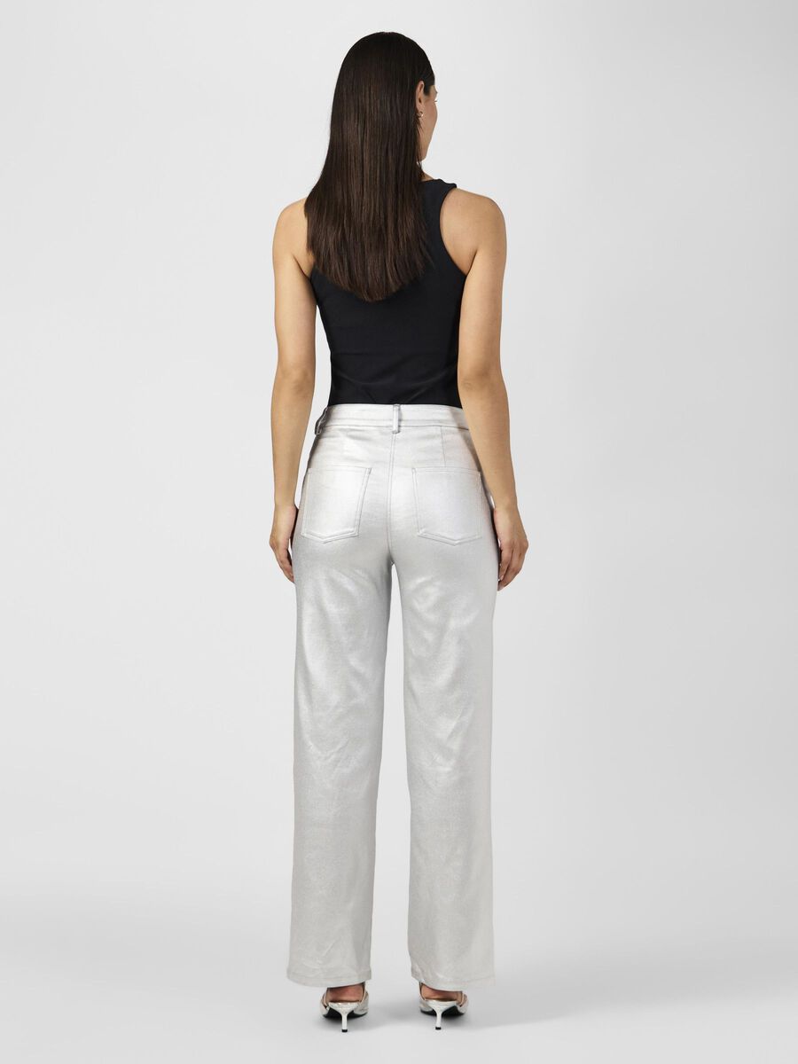 Milla High Waisted Metallic Pants for Women - Shiny Silver Stretch Trousers | Party, Clubwear & Night Out Outfits