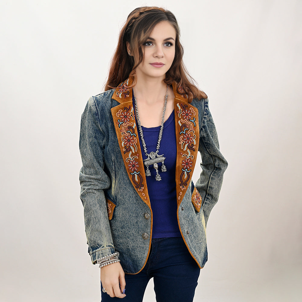 ADBZ029 Genuine Leather Hand-Tooled Denim Blazer for Women - 100% Cotton Hand-Carved Jacket for Ladies & Girls | Perfect for Office Wear, Casual Outfits & Special Occasions
