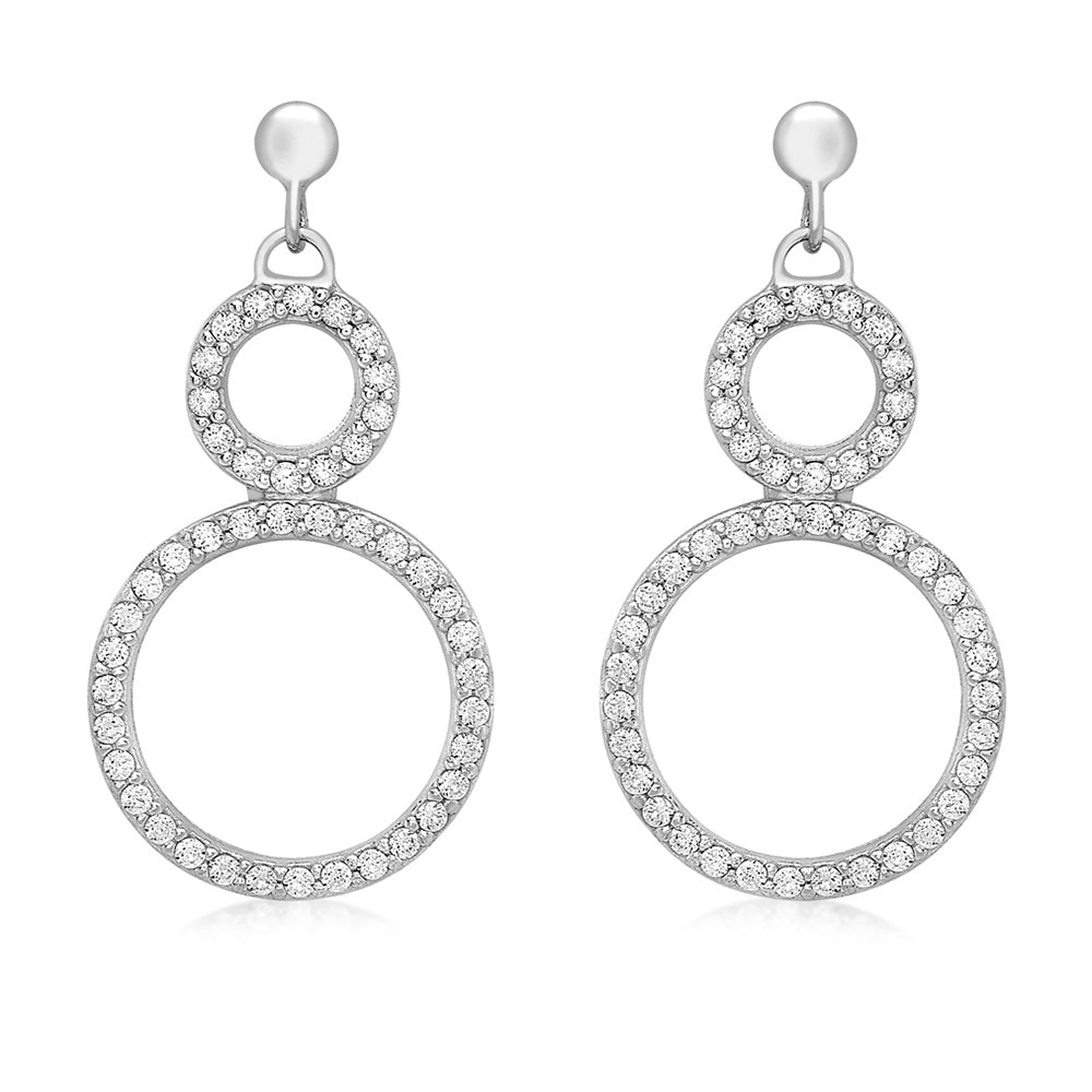 9ct White Gold Zirconia Double Circle Drop Earrings for Women - Elegant Cubic Zirconia Dangle Earrings - Perfect for Weddings, Parties & Evening Events