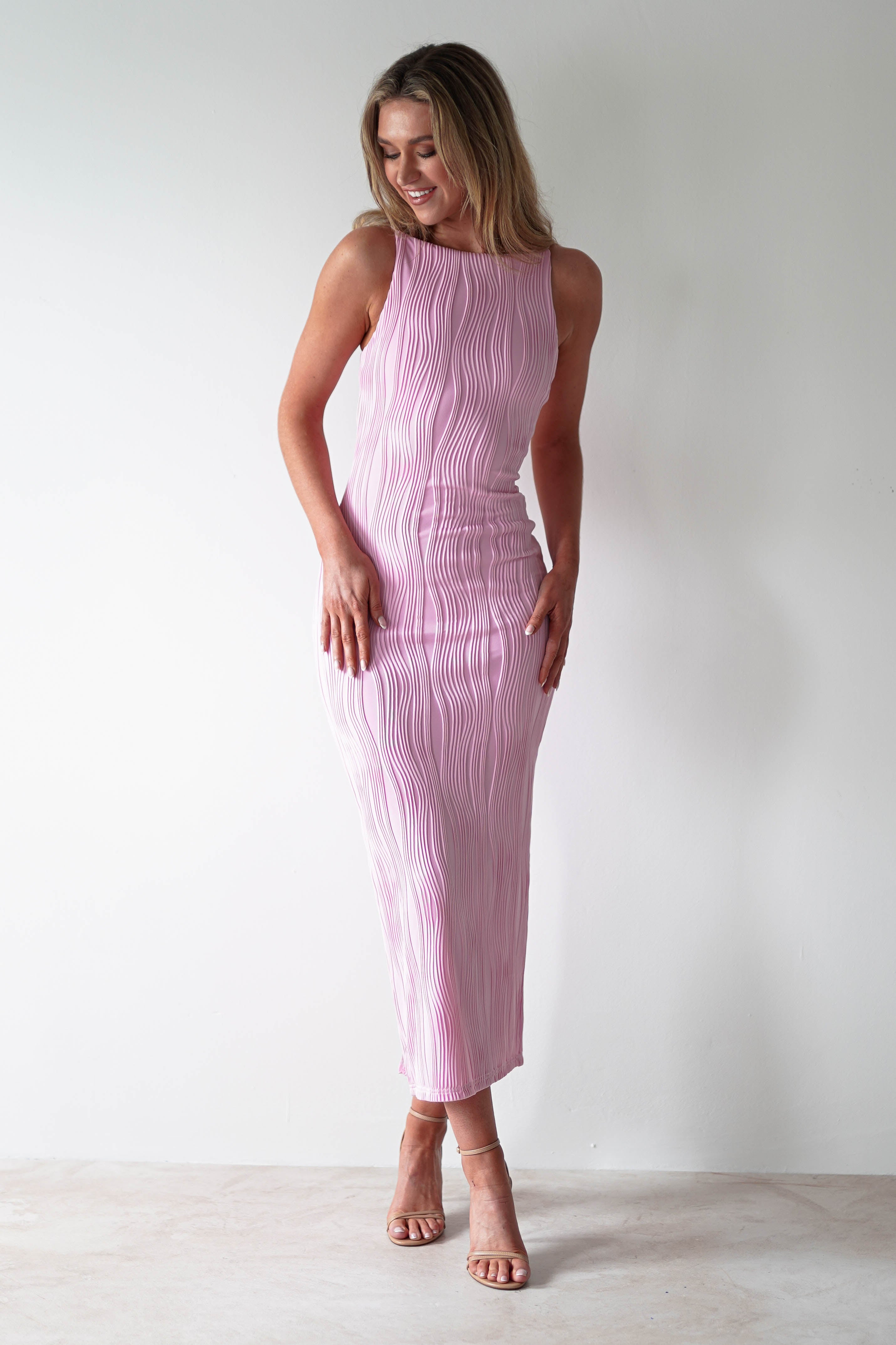 Brighton Textured Bodycon Midaxi Dress for Women - Flattering Pink Stretchy Slim Fit Party Dress | Perfect for Cocktail Parties, Date Nights & Special Occasions