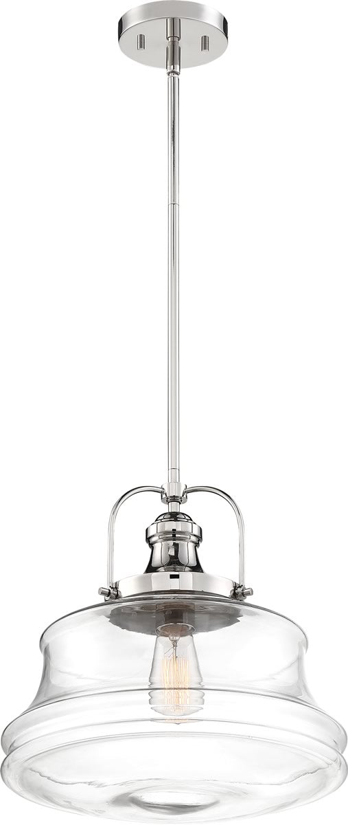 14W Basel Single Light Pendant Fixture in Polished Nickel with Clear Glass Shade - Perfect for Kitchen Island, Dining Room or Entryway Lighting