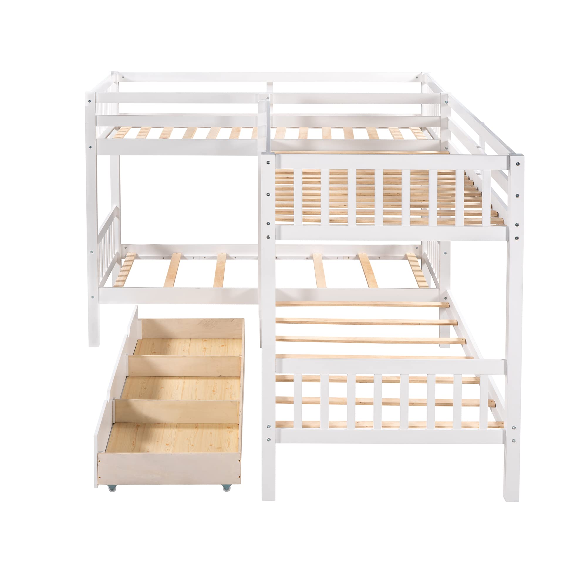L-Shaped Twin Over Twin Bunk Bed with Storage Drawers - Solid Wood Bunk Bed Frame, No Box Spring Required - Perfect for Kids' Bedroom, Guest Room & Small Spaces (White)