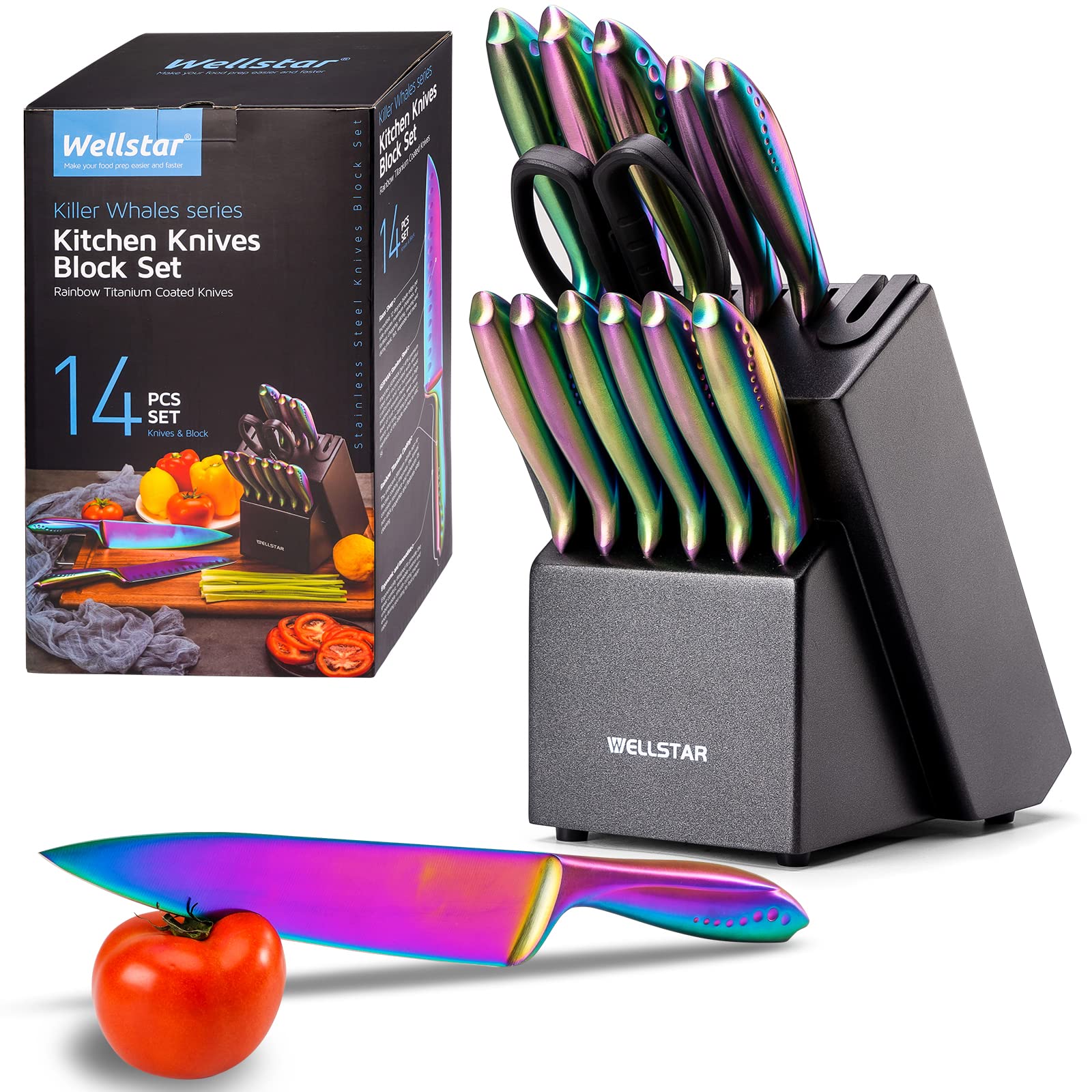 WELLSTAR 14-Piece Rainbow Knife Set - German Stainless Steel Kitchen Knives with Wooden Block, Colorful Titanium Coating, Chef Knives Set Includes Scissors & Built-in Sharpener - Perfect for Home Cooking, Professional Chefs & Gift Giving