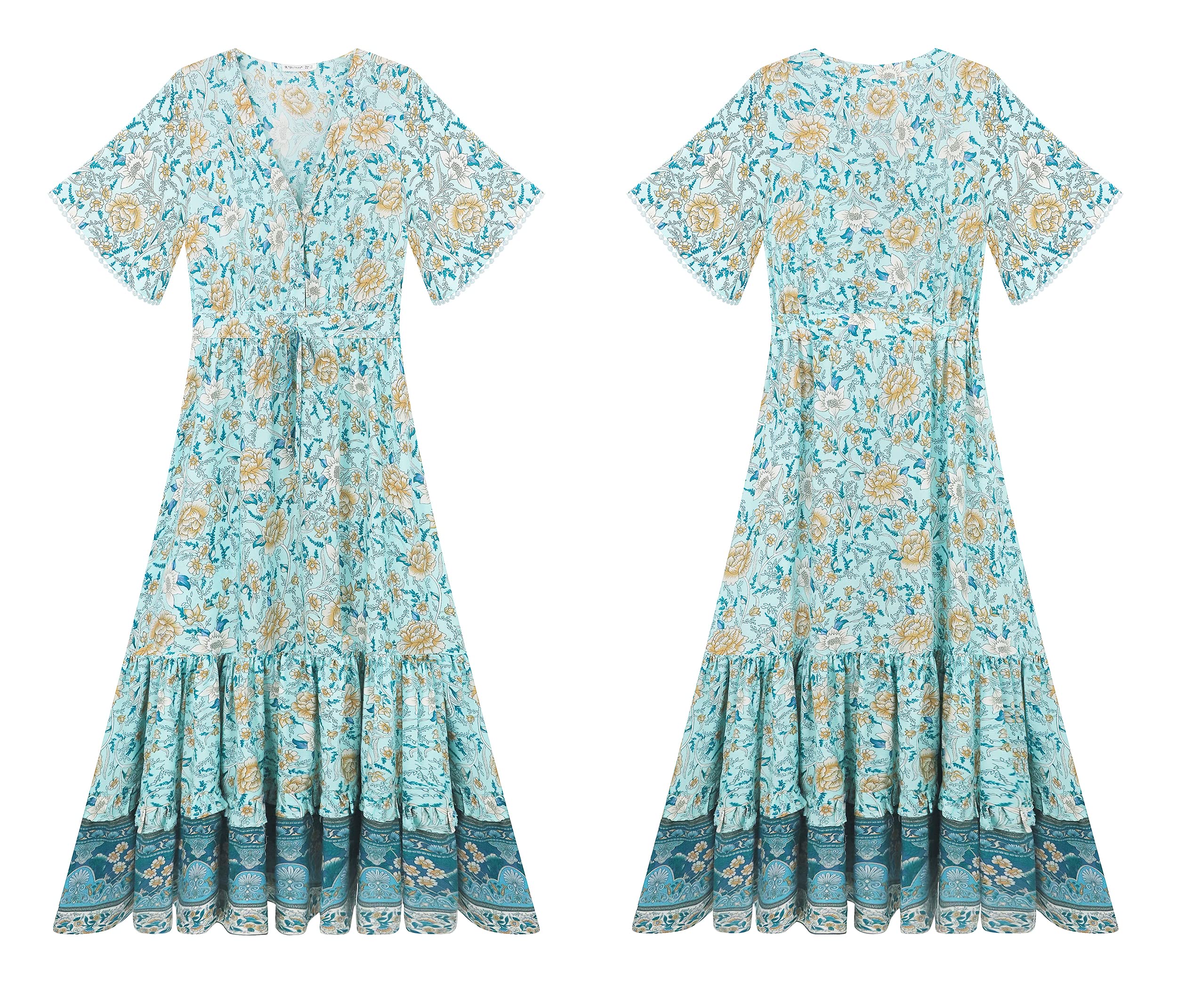 R.Vivimos Women's Summer Boho V-Neck Button Up Short Sleeve Floral Print Ruffle Hem Maxi Dress - Beach Vacation, Music Festival & Date Night Outfit