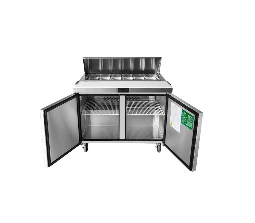 Atosa MSF8302 Commercial Double Door Sandwich Prep Refrigerator - Stainless Steel Work Table with Storage for Deli, Bakery & Restaurant Use
