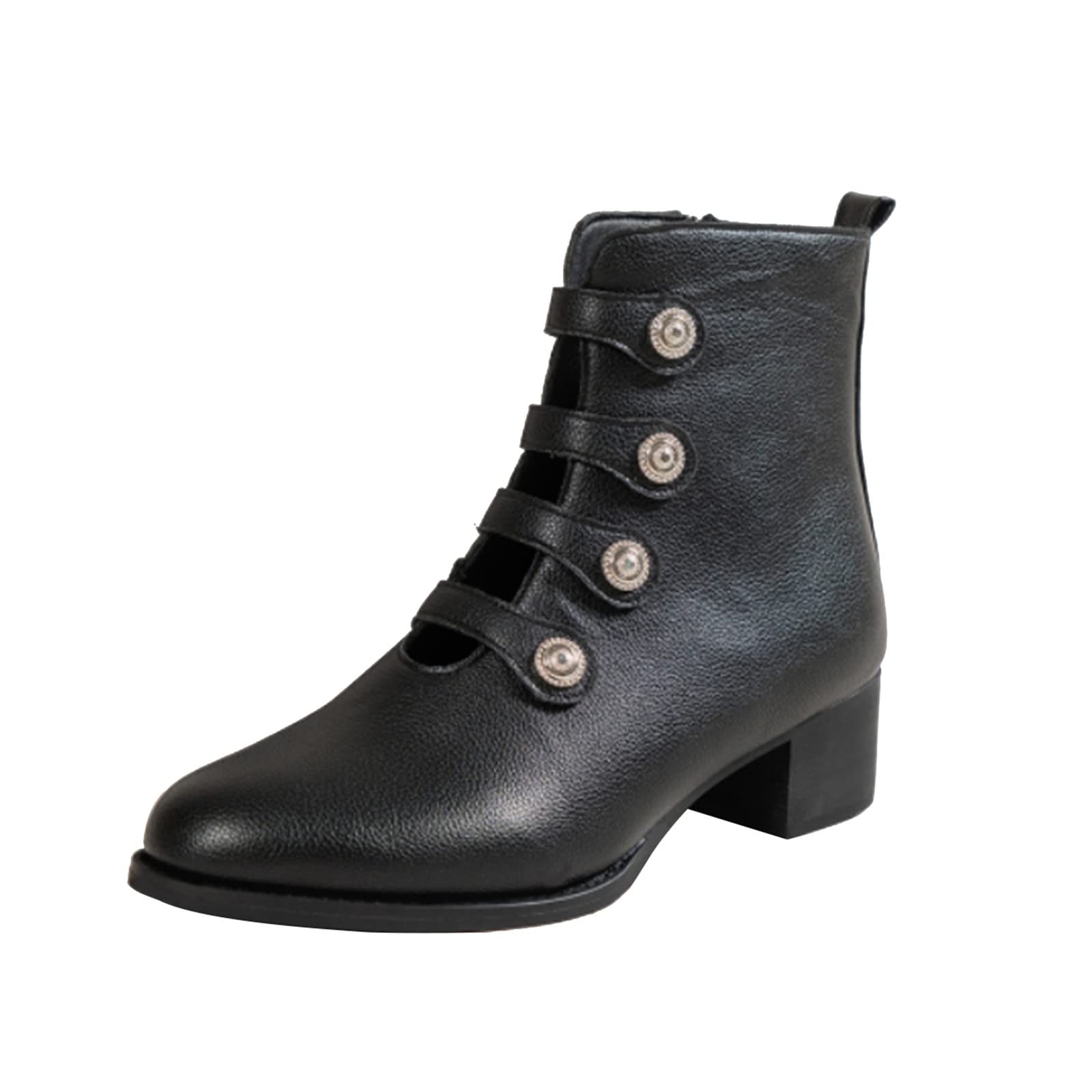Women's Chunky Heel Short Boots - Solid Color Leather with Metal Buckle & Side Zipper - Casual Garden Boots for Everyday Wear | Perfect for Outdoor Activities, Work & Fall Fashion