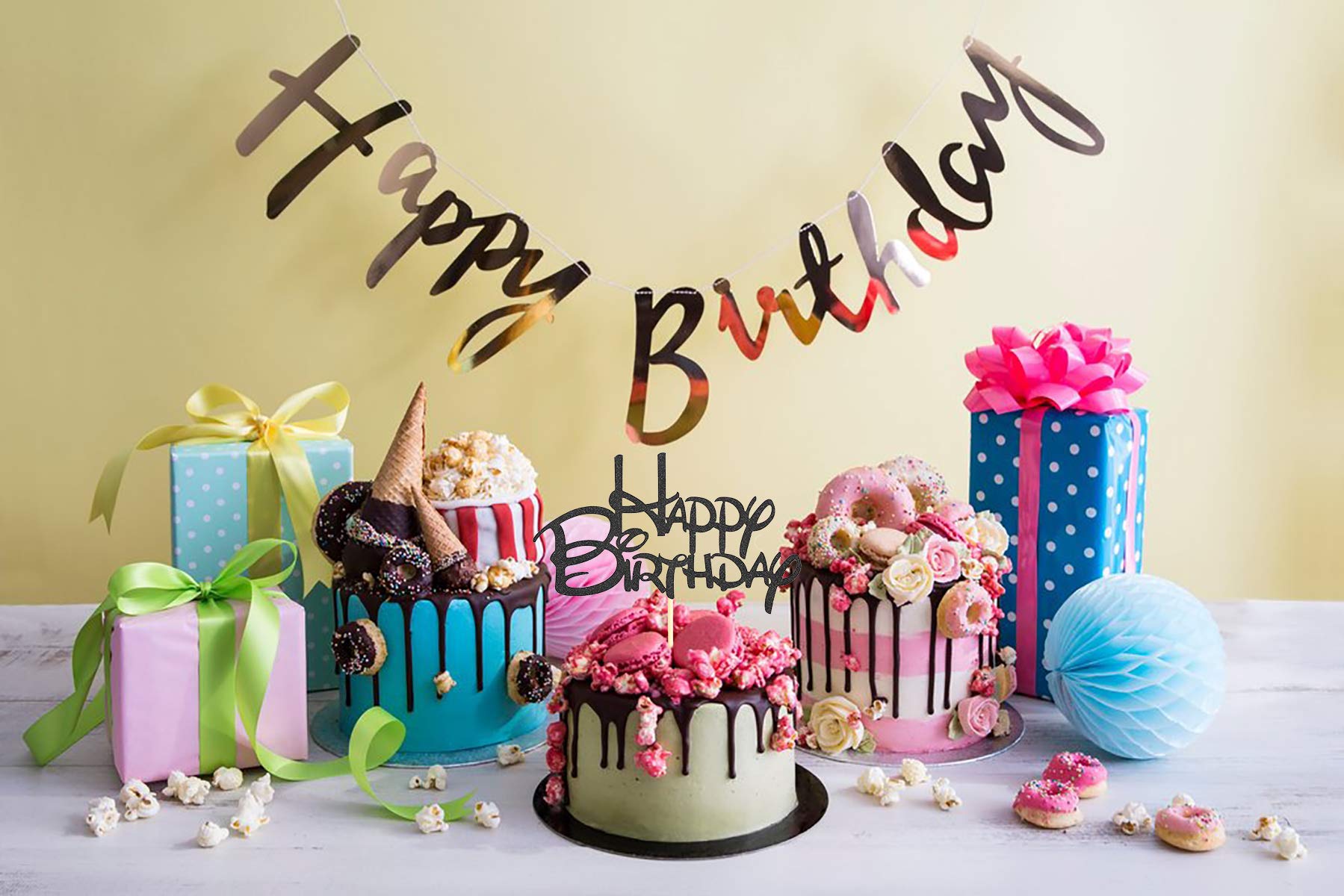 Black Glitter Happy Birthday Cake Topper - Premium Birthday Party Decoration Supplies for Cake Smash, Photo Booth Props & Black Paper Cake Topper Flags | Perfect for Birthday Parties, Baby Showers & Celebration Decorations
