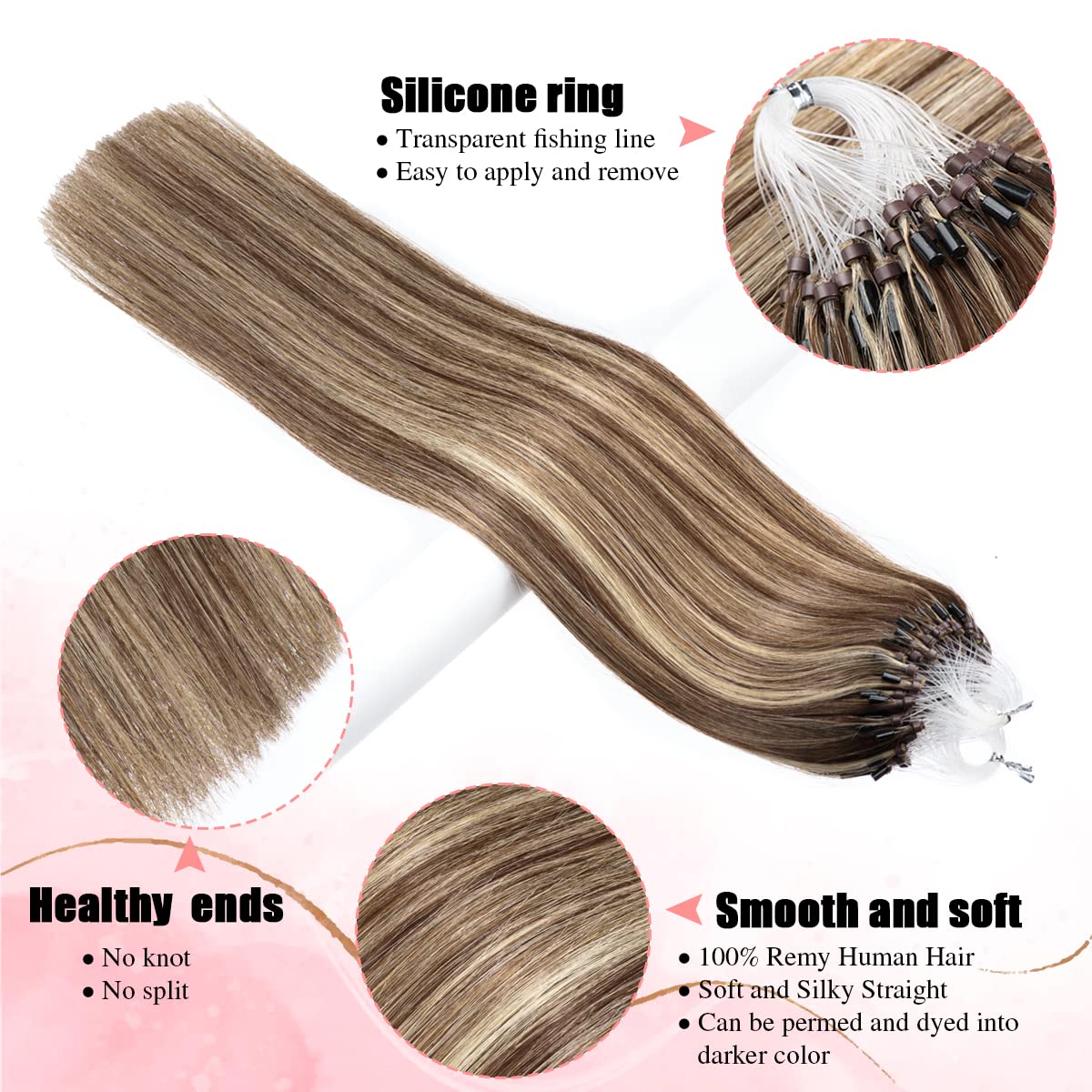 Senmy 18-Inch Micro Link Hair Extensions - 100% Human Hair with Brown & Blonde Highlights, 0.5g/Strand, 50g/Pack, Invisible Beaded Extensions for Natural Volume & Length - Perfect for Weddings, Parties & Daily Styling