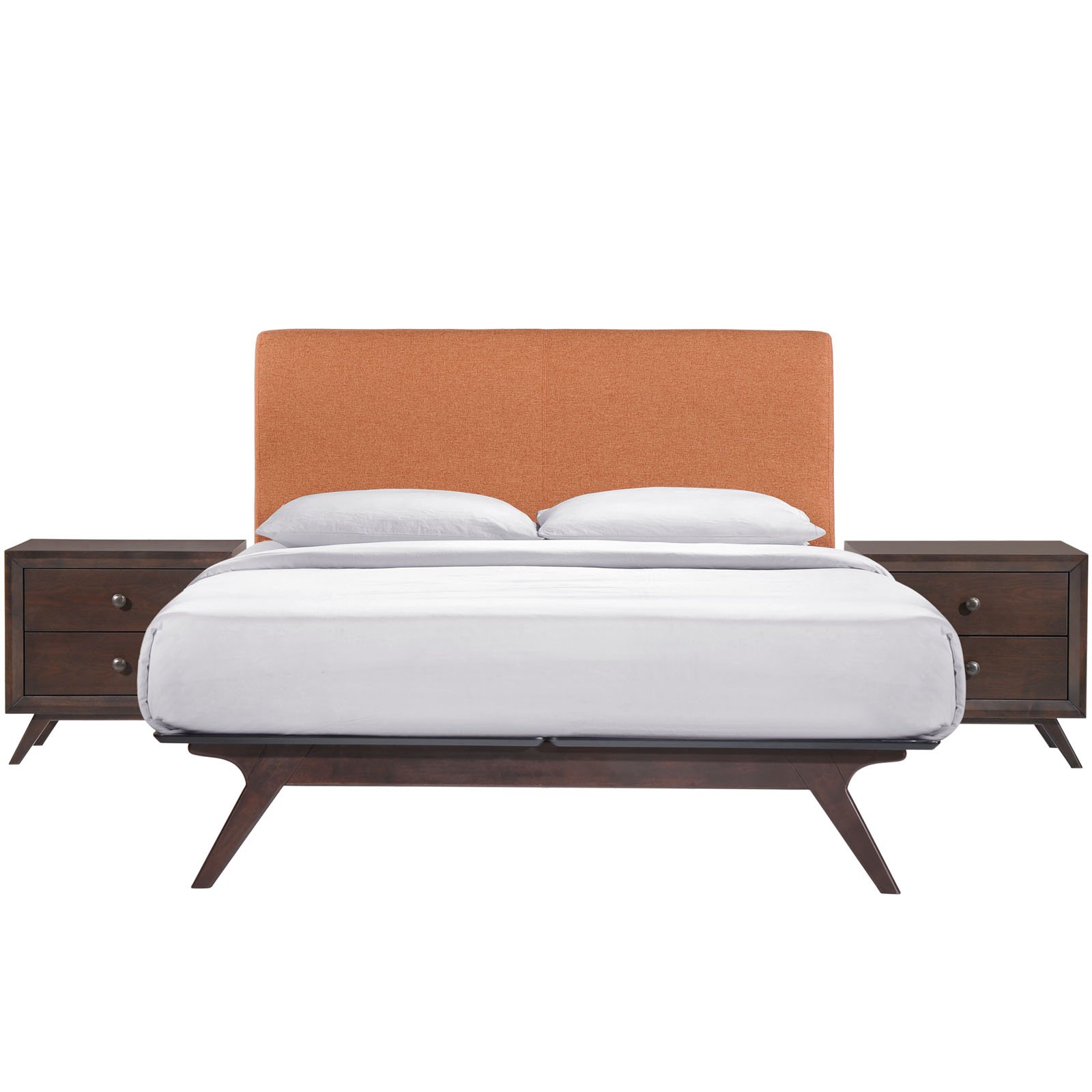 Modway Tracy Mid-Century Modern Wood Platform Queen Size Bed with Two Nightstands in Cappuccino Orange - Stylish Bedroom Furniture for Contemporary Home Decor