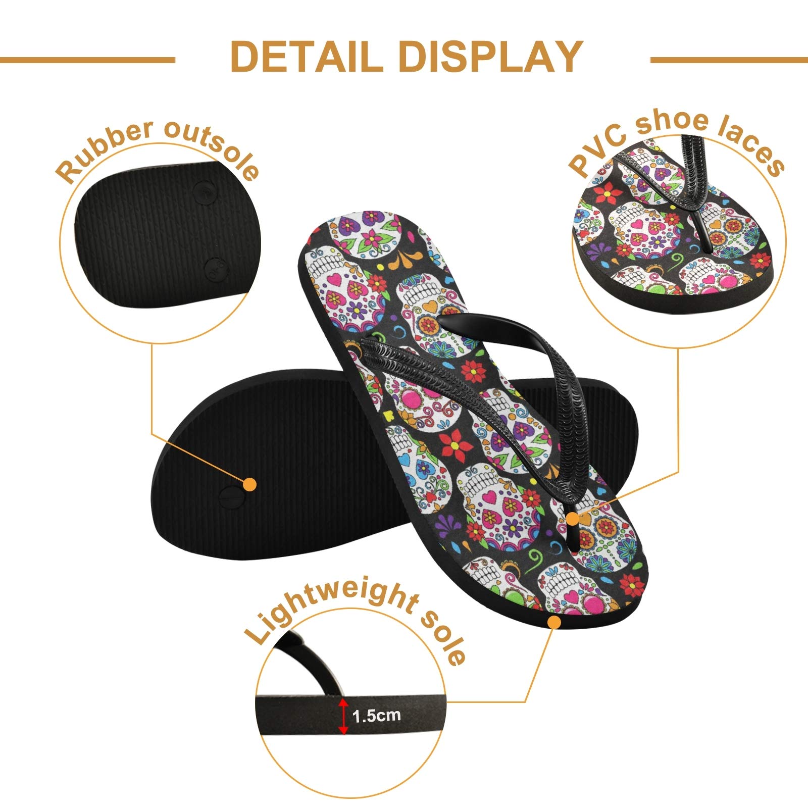 Qilmy Flower Sugar Skull Flip Flops - Lightweight Non-Slip Summer Sandals for Women & Men | Casual Beach Slippers for Pool, Vacation & Outdoor Wear