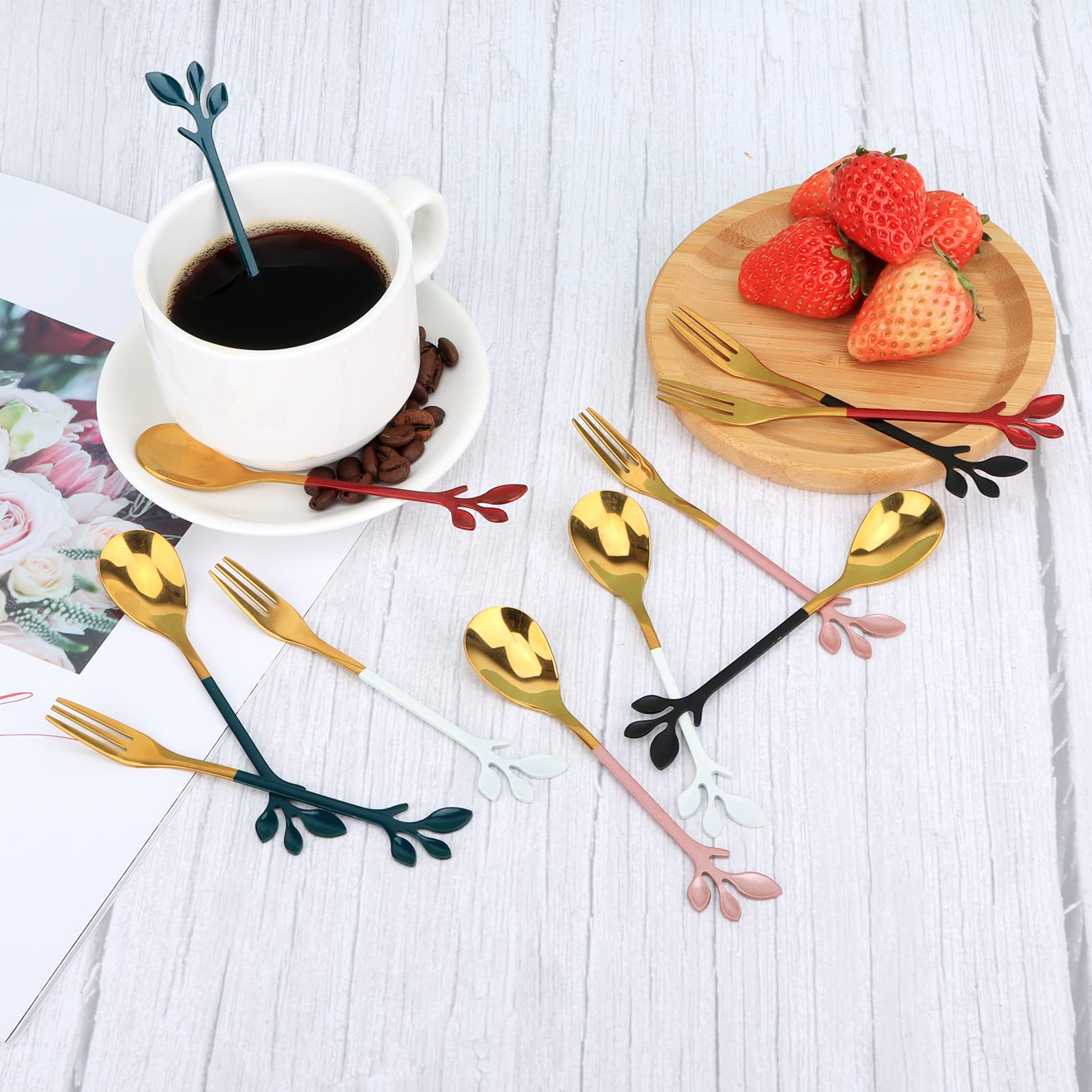 AnSaw 24K Gold-Plated Swan Base Cutlery Set - 5 Coffee Spoons & 5 Fruit Forks with 4.7