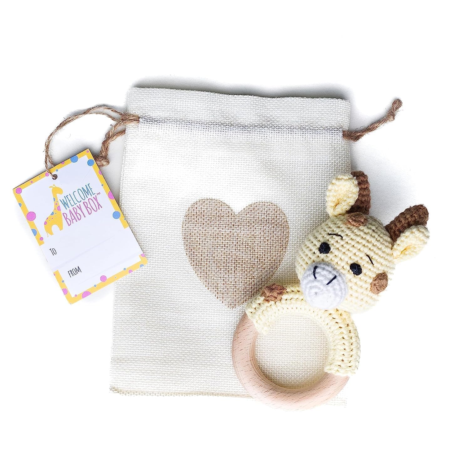 Personalized Baby Rattle with Name - Crochet Giraffe Rattle & Wooden Teether Ring | Perfect Baby Shower Gift for Boys, Girls & New Moms | Gender Neutral Newborn Gift with Free Gift Bag | Great for Playtime, Teething Relief & Nursery Decor