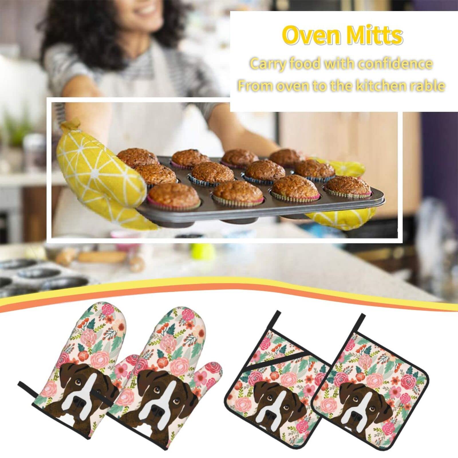 Floral Dog Oven Mitts and Pot Holders Set - 4-Piece Non-Slip Heat Resistant Kitchen Gloves for Cooking, Baking, Grilling & BBQ - Perfect for Holiday Gifts and Home Decor