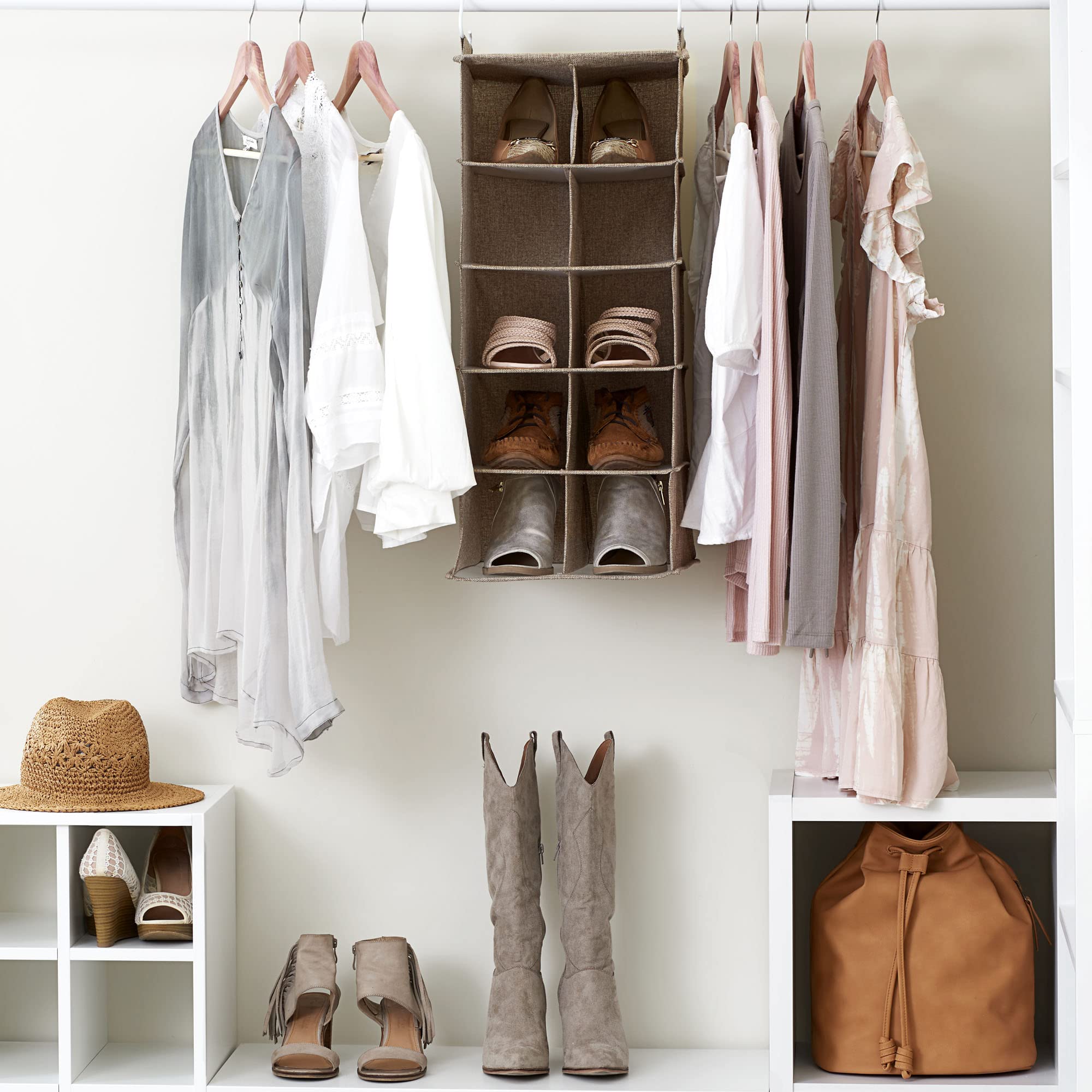 10-Pocket Hanging Shoe Organizer with Hooks - Space-Saving Closet Storage for Shoes, Accessories & More - Perfect for Bedroom, Closet, Dorm Room Organization