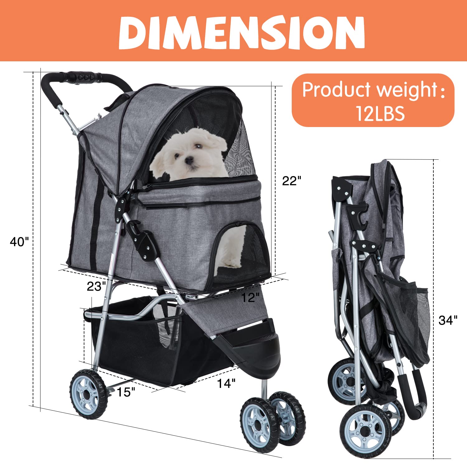 Lightweight Waterproof Folding Dog Stroller for Small & Medium Dogs & Cats - Travel Pet Stroller with Storage Basket, Grey | Perfect for Outdoor Walks, Vet Visits & Shopping Trips