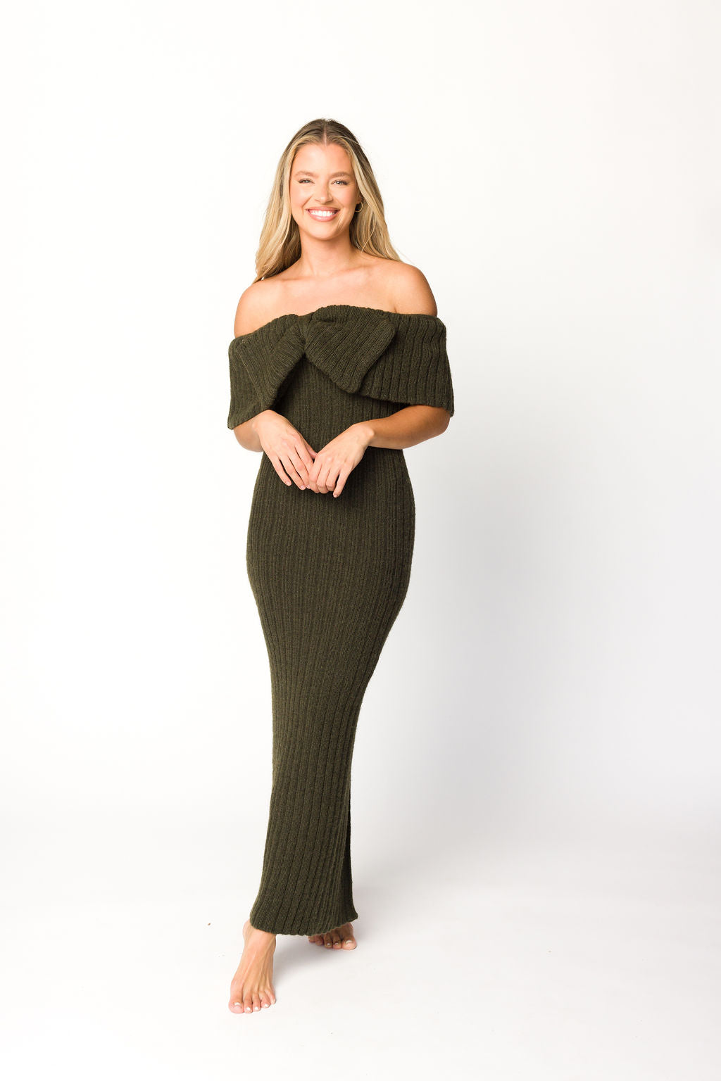 Aston Bow Front Maxi Sweater Dress in Dark Green - Bump Friendly Maternity Wear for Pregnancy & Nursing - Perfect for Fall/Winter Outfits, Office Wear & Special Occasions