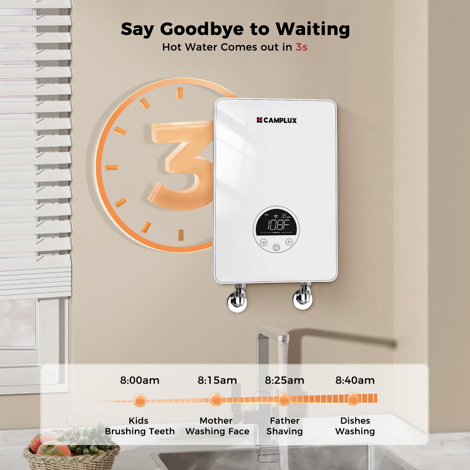 CAMPLUX 4.5kW Electric Tankless Water Heater - 110-120V Instant Hot Water Heater for Sink, Wall Mounted with LED Display | Space Saving, ETL Certified (Model TE05) | Perfect for Small Bathrooms, Kitchen Sinks & RV Use