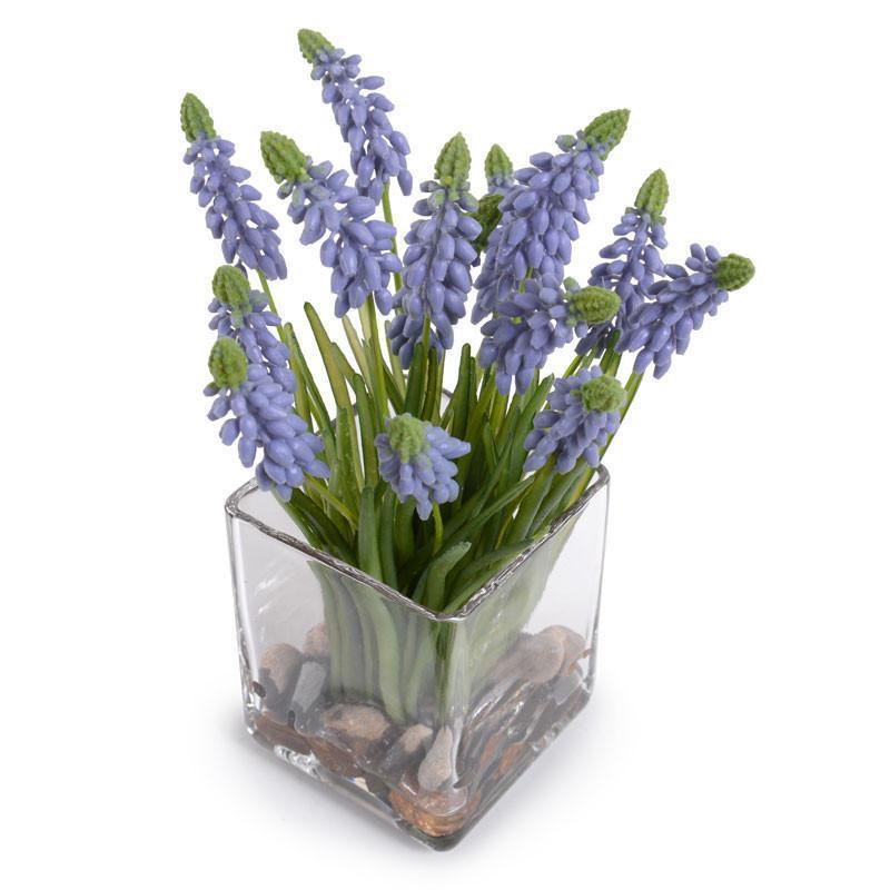 Artificial Grape Hyacinth Silk Flower Arrangement in Glass Cube Vase - Elegant Home & Office Decor for Table Centerpiece, Wedding, and Event Decoration