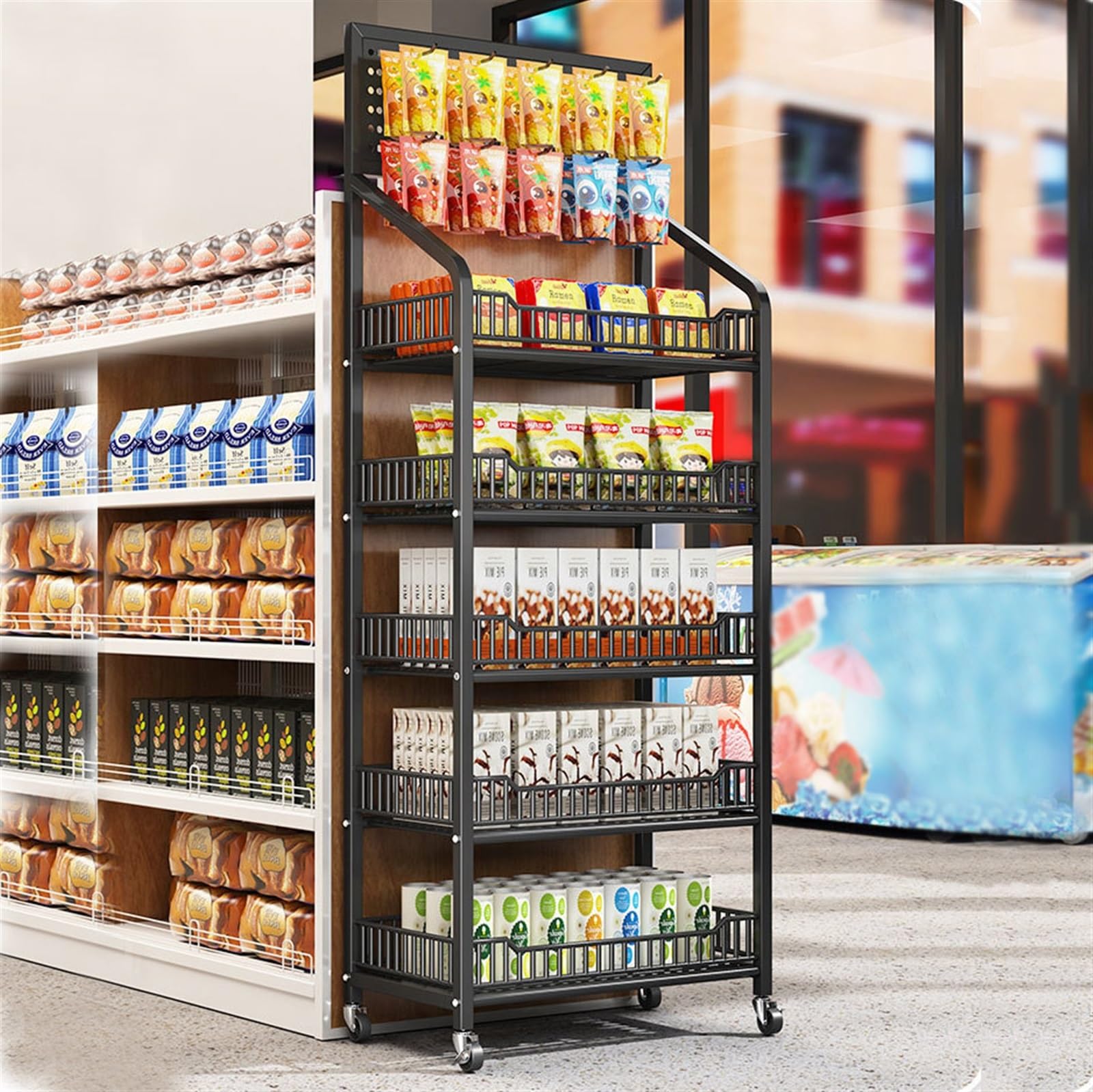 5-Tier Metal Retail Display Rack with Wheels - Heavy Duty Storage Shelf for Snacks, Fruits, Tools - Easy Assembly 19.7