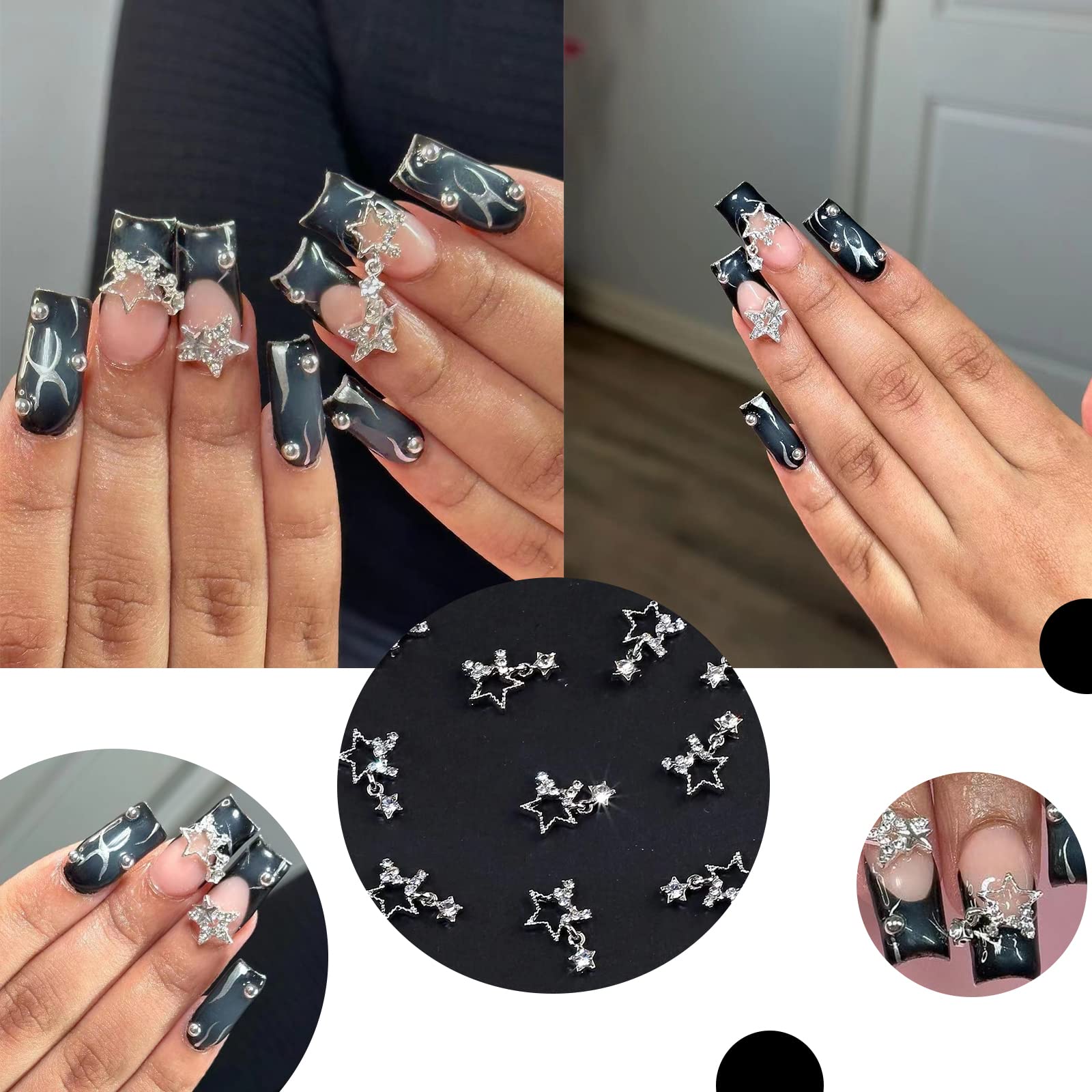 20 PCS 3D Star Nail Art Charms - Gold & Silver Acrylic Nail Decorations with Shiny Rhinestones | Nail Art Supplies for Women | Perfect for Party, Wedding & Salon Nail Designs