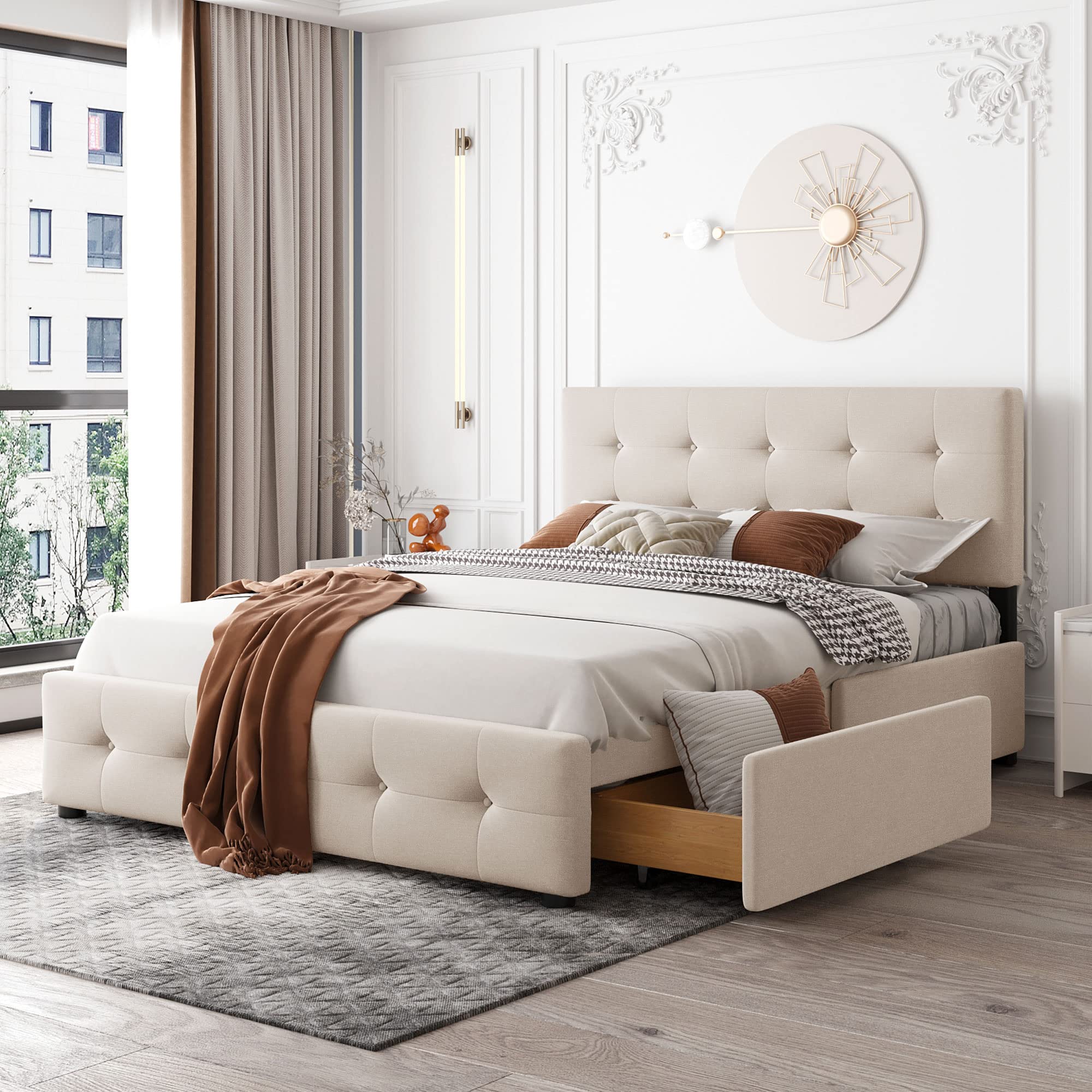 P PURLOVE Queen Size Upholstered Platform Bed with 4 Storage Drawers & Headboard - No Box Spring Needed, Beige Bed Frame for Modern Bedroom, Guest Room & Small Space Living