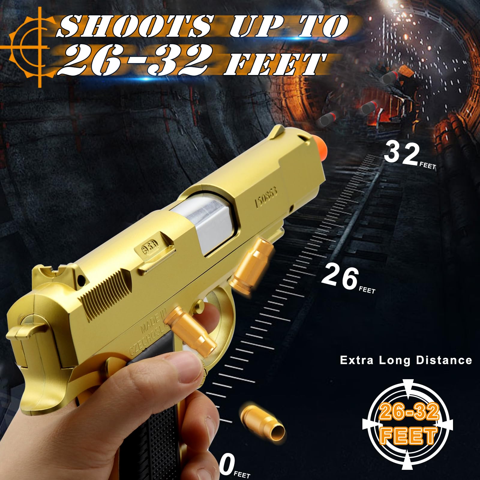 Soft Bullet Toy Gun with Shell Ejecting Feature - 48 Foam Bullets Included | Realistic Gold Toy Pistol for Boys & Kids Ages 8+ | Fidget Stress Relief Gun | Perfect for Halloween, Christmas, Birthday Gifts | Great for Outdoor Play, Target Practice & Pretend Battles
